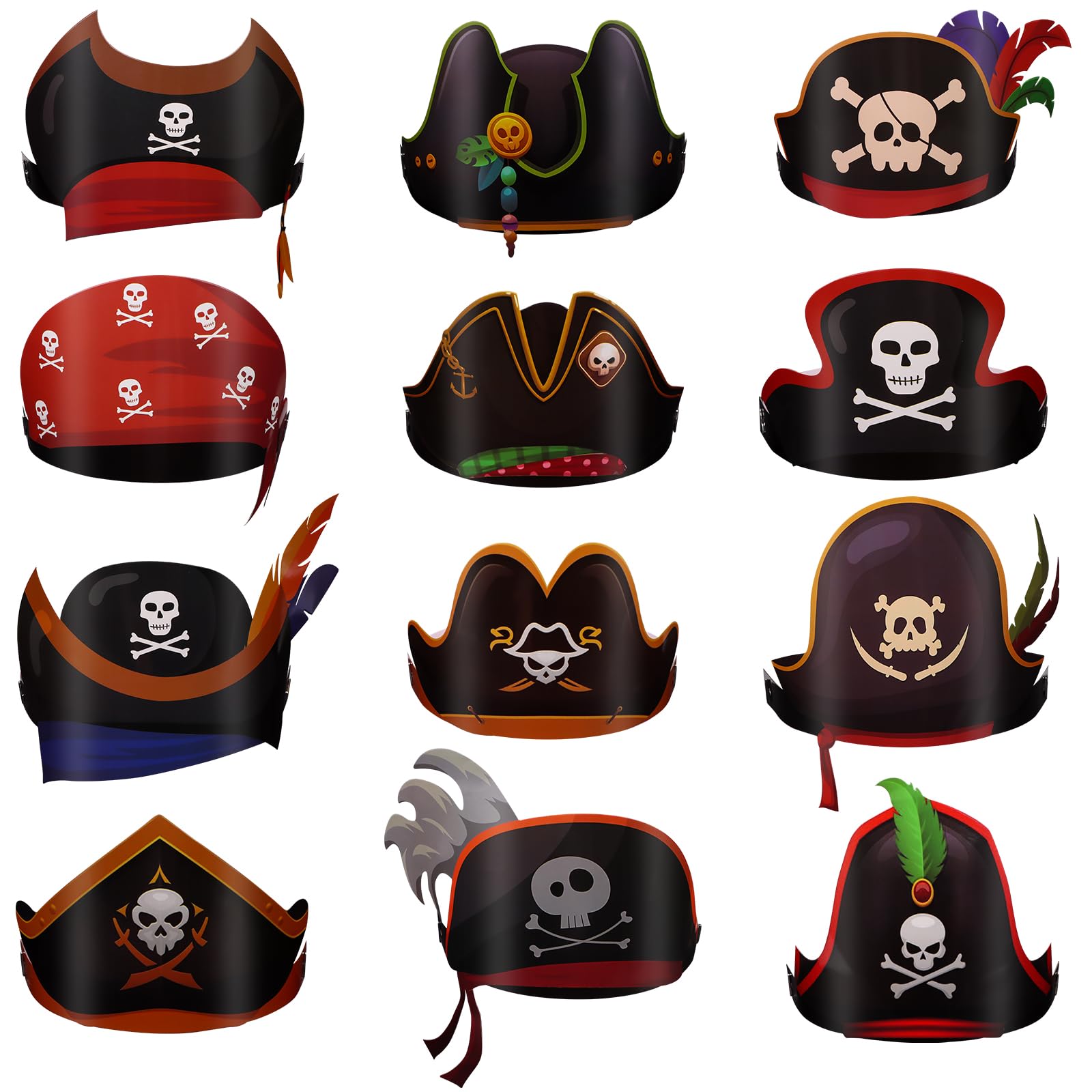 CCCYMM 12 Pcs Paper Pirate Hats Bulk Skull Pirate Party Accessories Captain Costume Cap for Halloween Decoration Cosplay Masquerade Headwear Dress up
