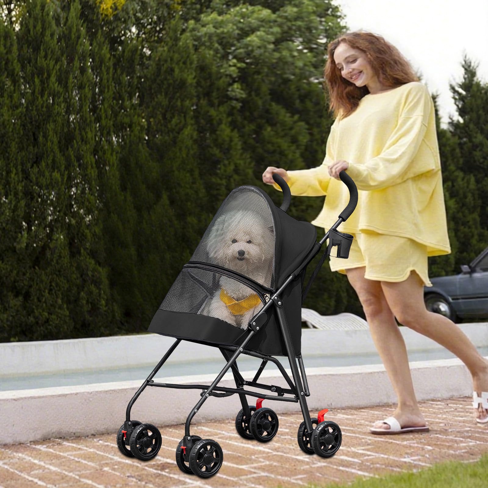 OHMG Poussette pliante pour chiens,Poussette pour chien et chats,4 roues,Poussette portable pour animaux domestiques,Légère,Pratique,Amovible,jusqu'à 15 kg