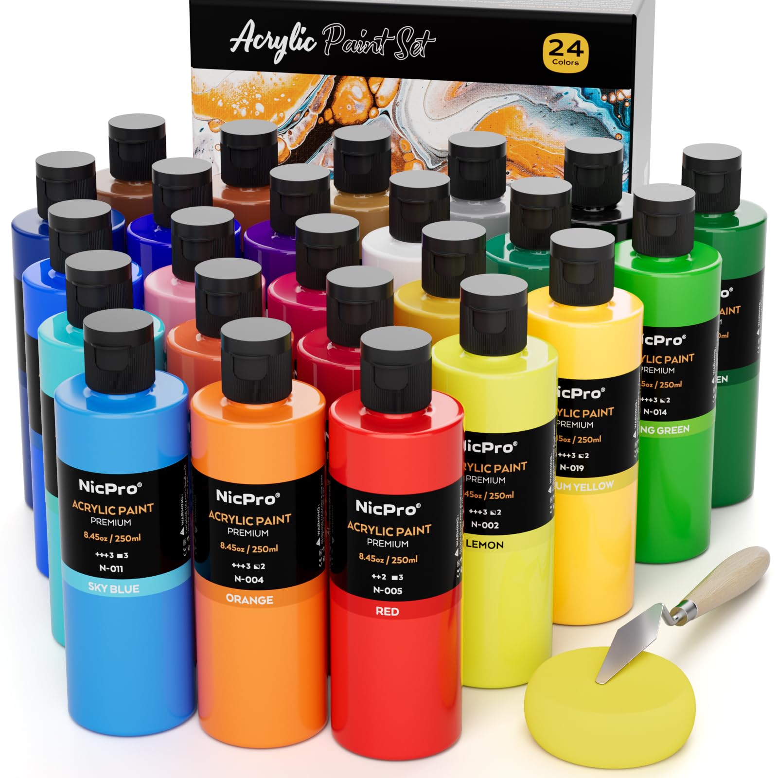 Sponsored Ad - Nicpro 24 Colors Large Bulk Acrylic Paint Set (8.45 oz/250 ml), Rich Pigments Non Toxic, Bulk Painting Supplies for Artist Beginners on Canvas, Wood, Rock, Glass, Ceramic, Crafts with Color Wheel