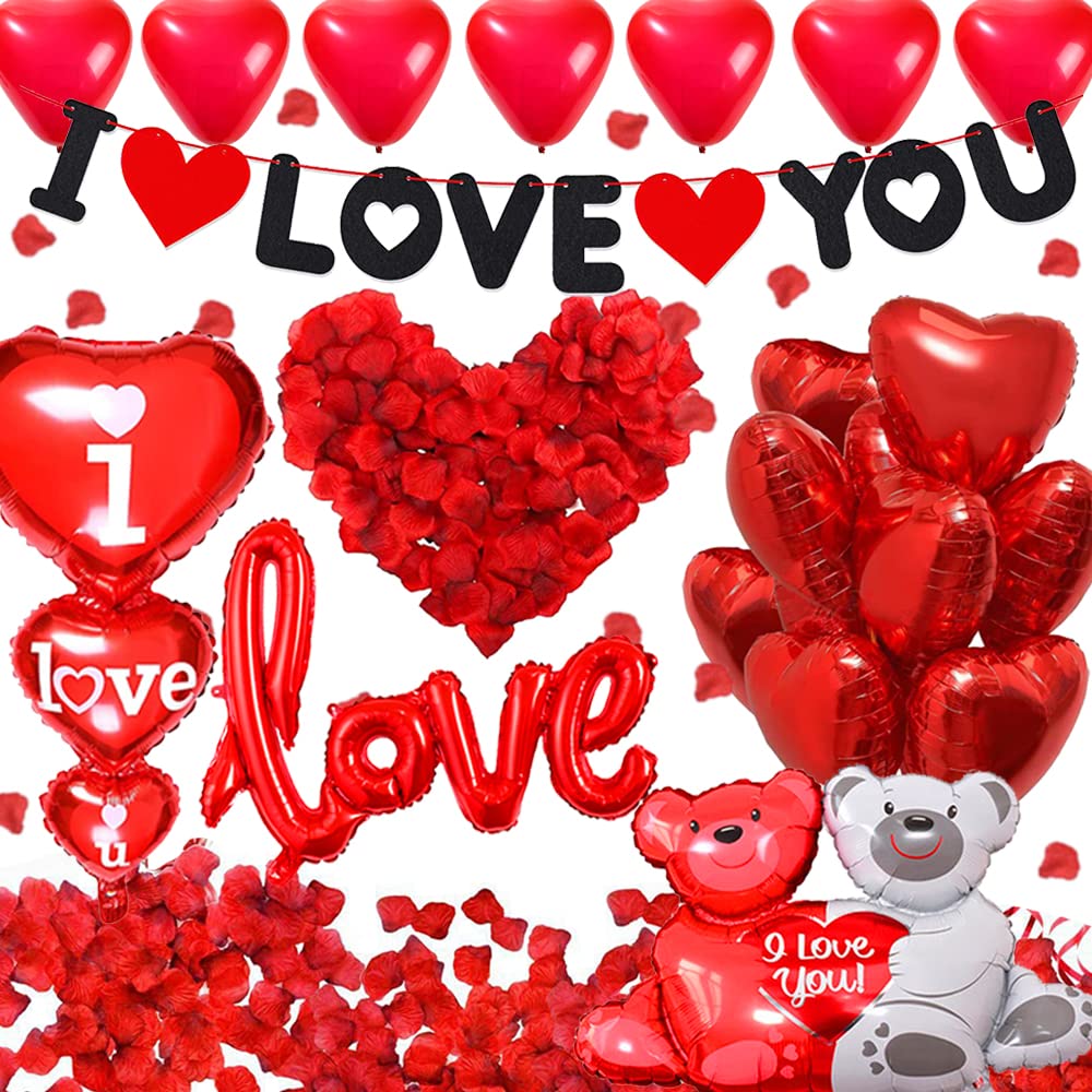Decoración San Valentín,Kit Romantico Globo San Valentin I LOVE YOU Banner con 1000 Pétalos de Rosa Globos Corazón Rojo LOVE I LOVE YOU y Oso Amor Globo Lámina para San Valentín Boda Compromiso Deco