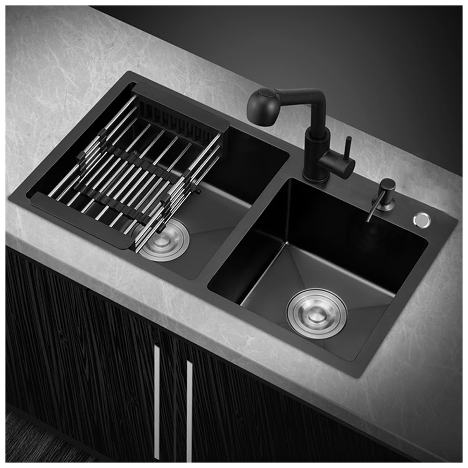 ZQFHSX 304 Stainless Steel Black Bar Sink Square Nano Kitchen RV With Faucet & Drain Top Mount Or Undermount (Color : Black-d, Size 80x45x22cm)