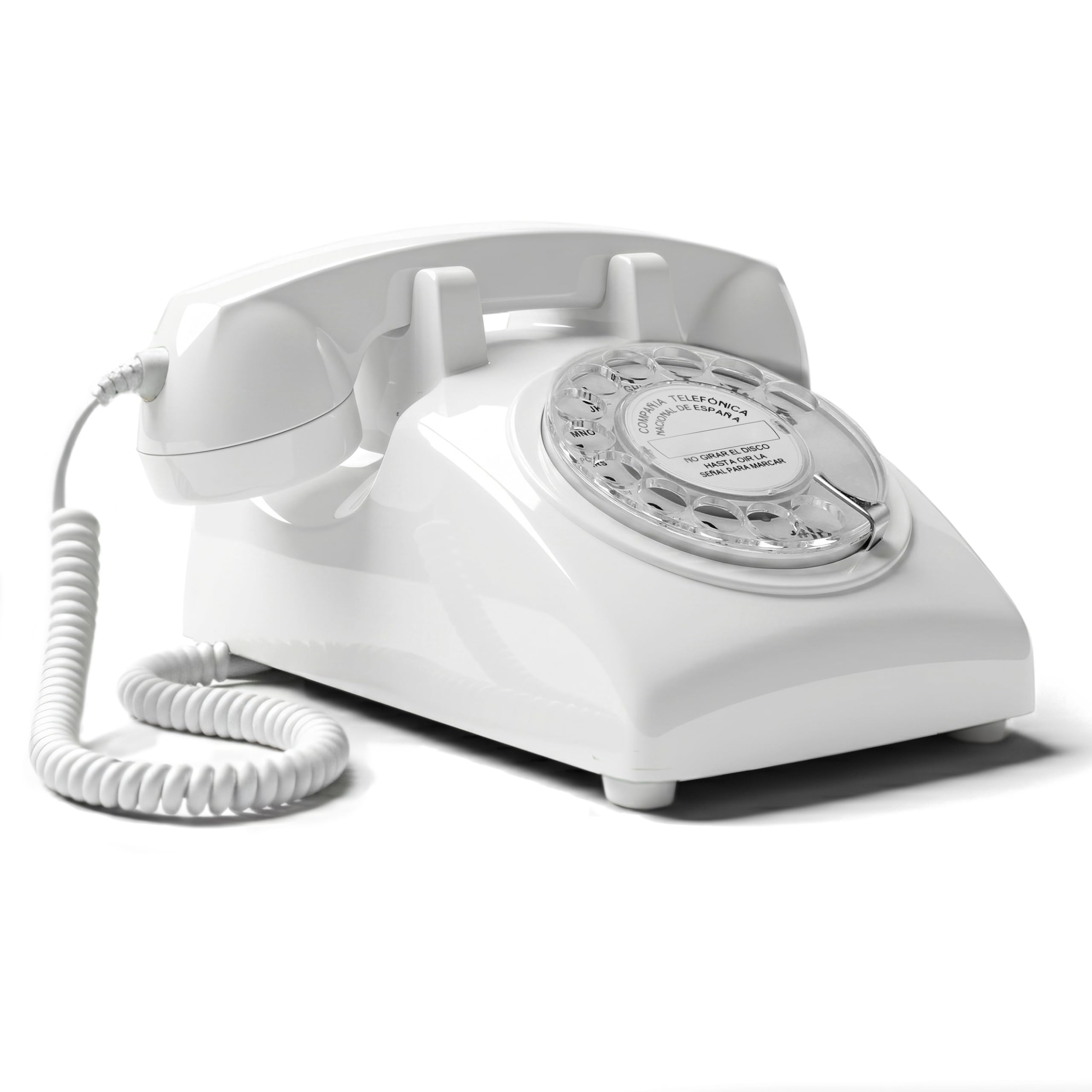 Teléfono antiguo de disco Opis Technology 60s blanco con campana metálica 7