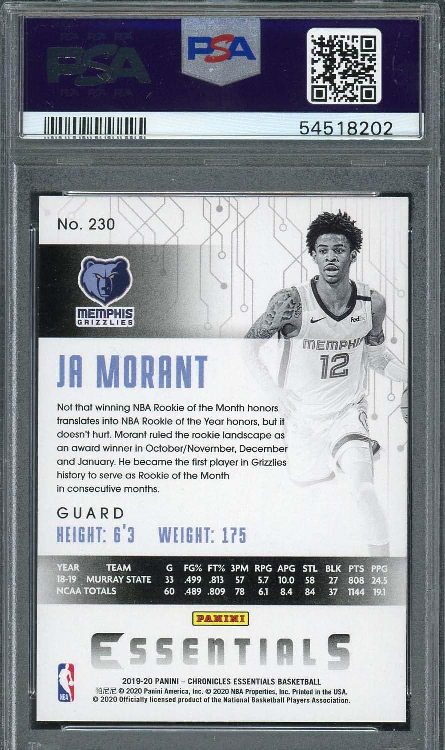Ja Morant 2019 Rookie Card #230 Graded PSA 10 Gem Mint (Cert#54518202) NBA Basketball Card