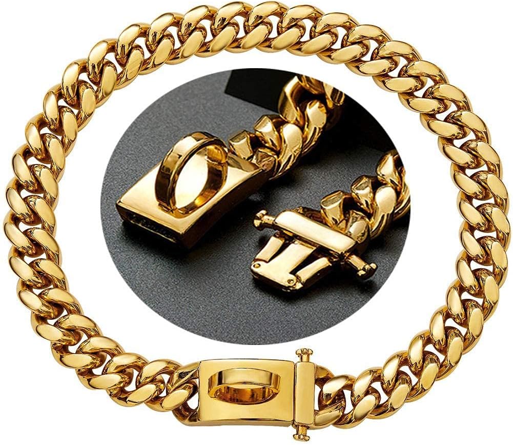 18K Gold Dog Necklace Collar with Strong Buckle, Steel Cuban Walking Dog Collar Medium Large Bulldog Doberman