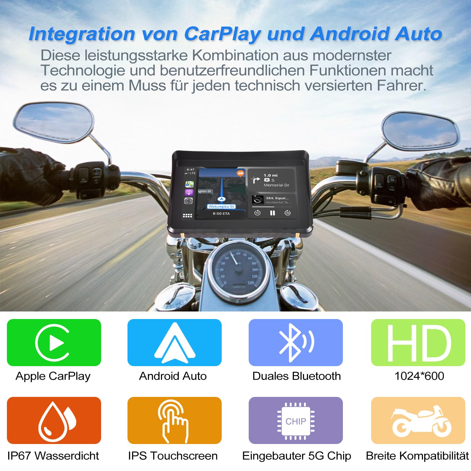 Kabelloser CarPlay für Motorrad, Tragbares Android Auto für Motorräder, 7 Zoll Motorrad GPS Navigation mit IP67 Wasserdichter, Duales Bluetooth/Sprachsteuerung/Navigation/FM/Mirror-Link
