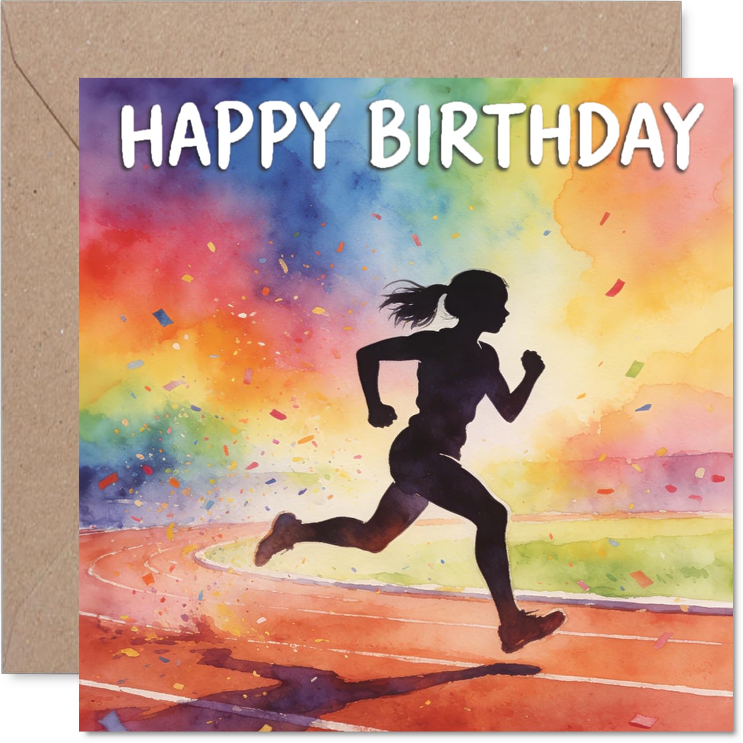 Inspirational Birthday Card - Bursting with Birthday Energy - Runner Silhouette on Vibrant Multicolour Background - 145mm Square, Envelope Included