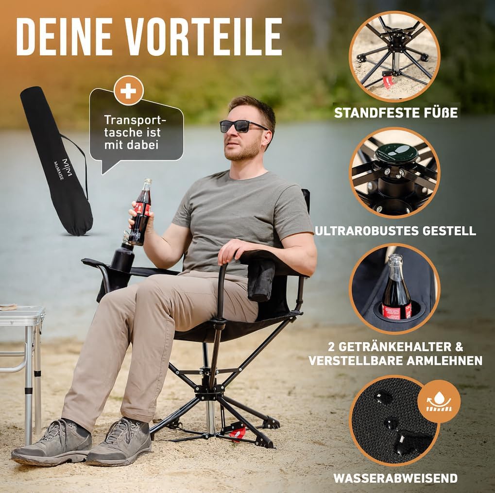 Campingstuhl faltbar schwarz bis 150 kg mit Rückentasche für Kissen oder Wärmflasche, 360° drehbar
