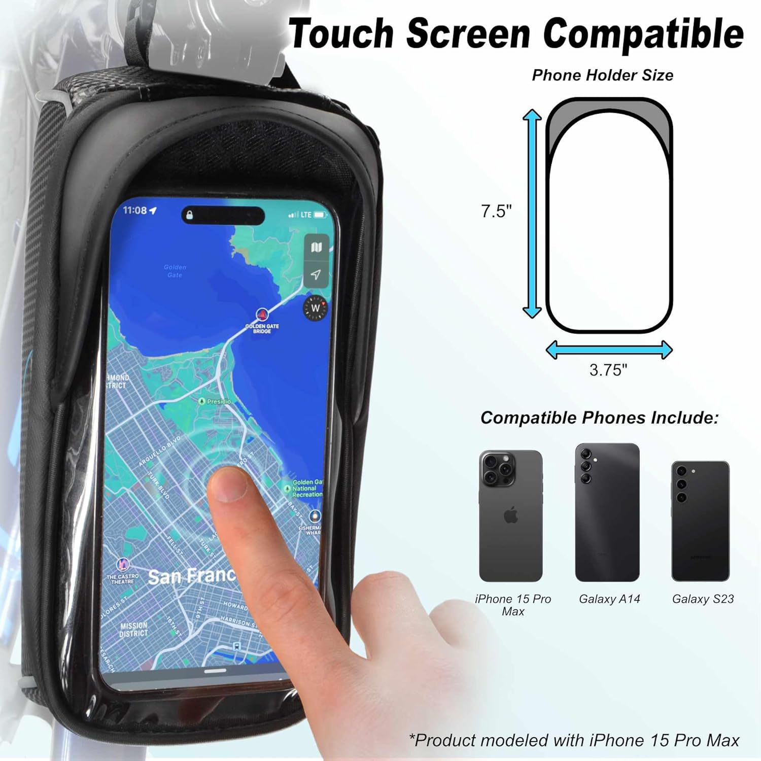 Lumintrail Bike Phone Holder Bag - Bicycle Phone Mount - Fits Large Cell Phones - Reflective Strip - Waterproof Rain Cover - Bike Accessories for Adult Bikes