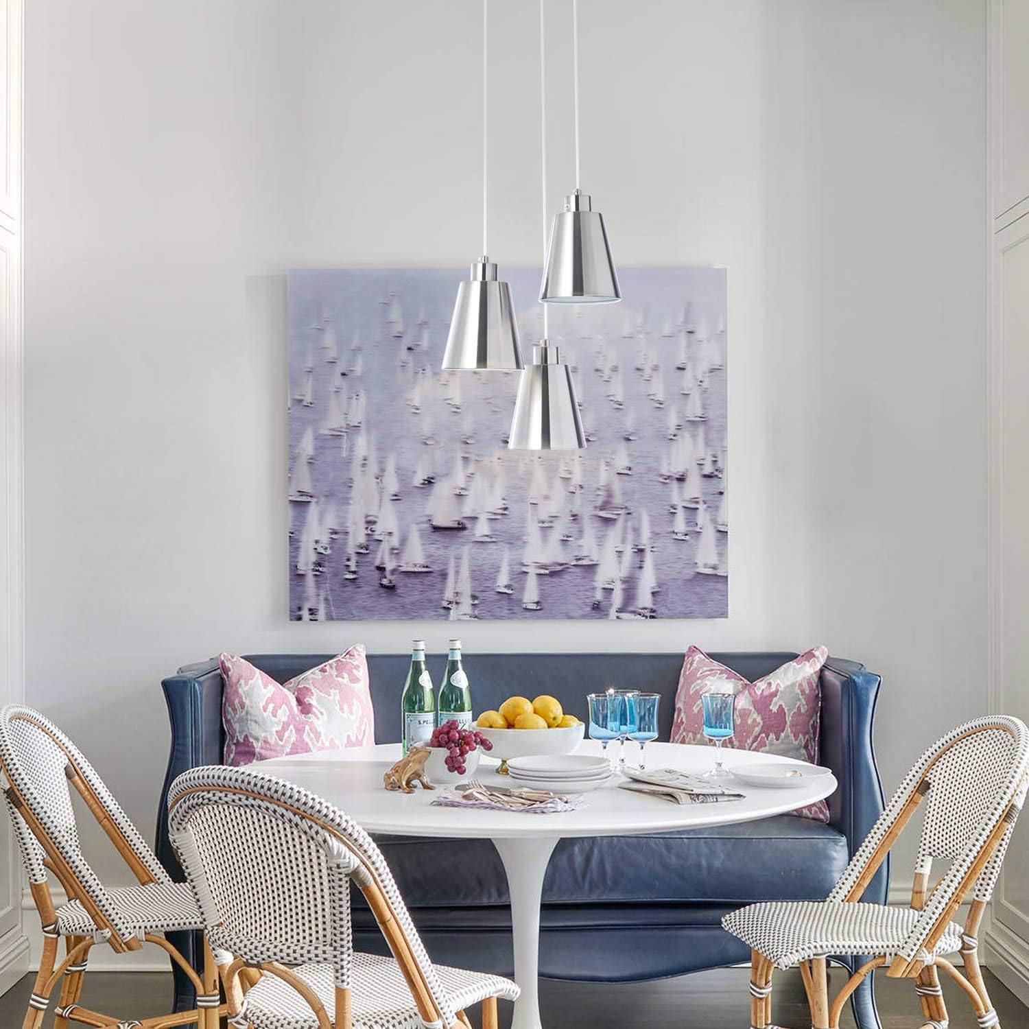 Buу 2 gеt 3 Modern 3-Light Pendant Light Brushed Nickel Kitchen Island Cluster Hanging Light Fixture Industrial Pendant Lighting 78'' Adjustable Cord 5.9'' Mini Cups for Kitchen,Foyer,Dining Table,E26, MAX40W