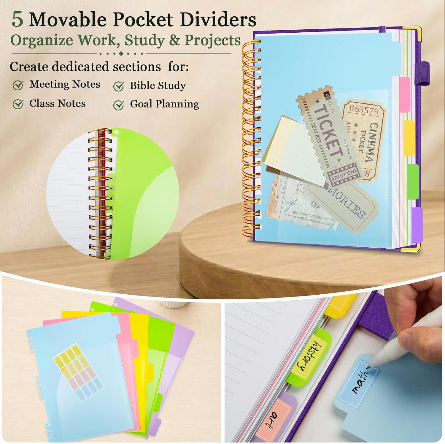 5 Subject Spiral Notebook with Pockets Dividers, 6.2''x8.2'' 300 Pages image 3