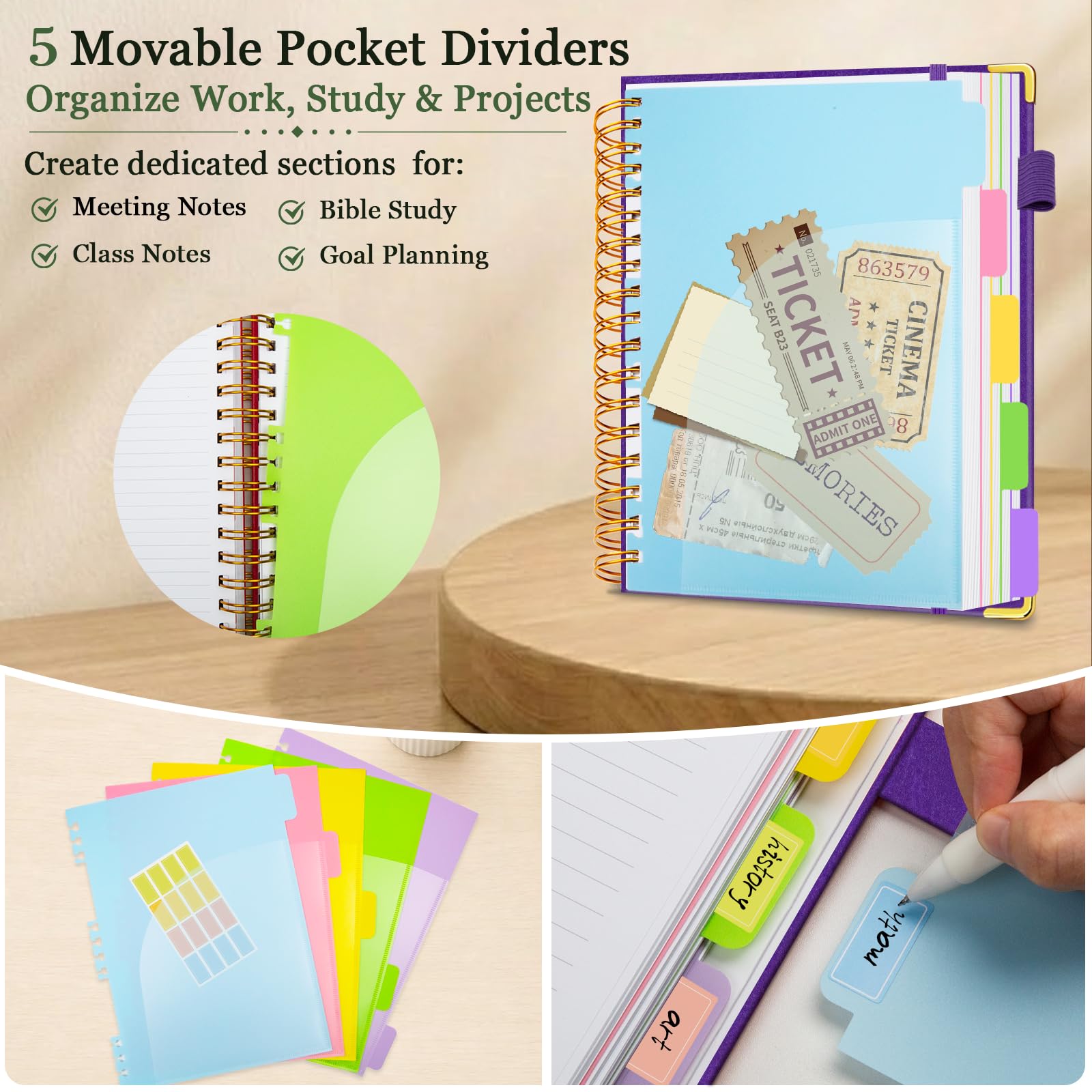 Cuaderno en espiral de 5 asignaturas con separadores de bolsillo, 20,3 x
