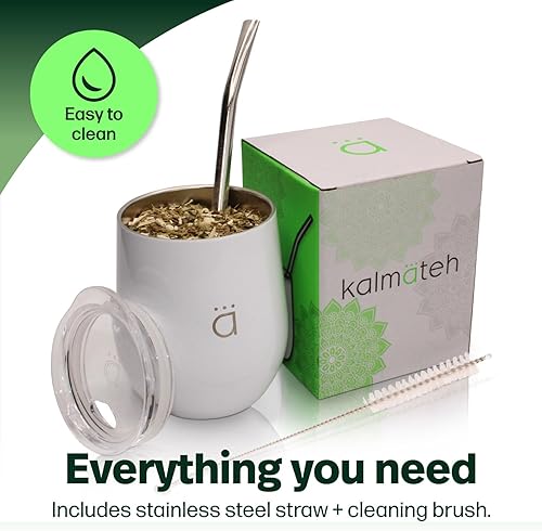 Vista 17 de Kalmateh Yerba Mate Gourd 8 oz, Double Wall Stainless Steel Mate Cup with BPA-Free Lid, Bombilla Filter Straw & Cleaning Brush, Perfect for Hot &