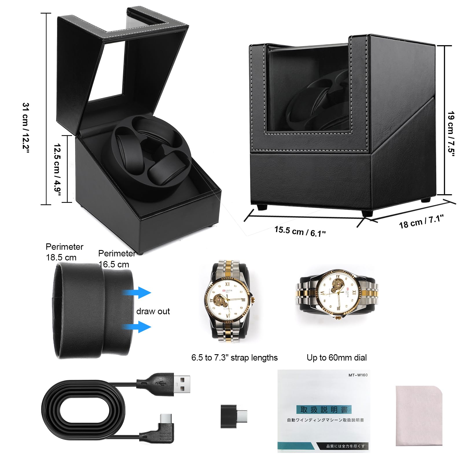 Anyasun Uhrenbeweger für Automatikuhren, 3 Uhrenbeweger Box mit LED-Display, ultra-leiser japanischer Motor, 4 Rotationsmodi, Uhrenhai für Männer und Frauen, USB-C-Stromversorgung