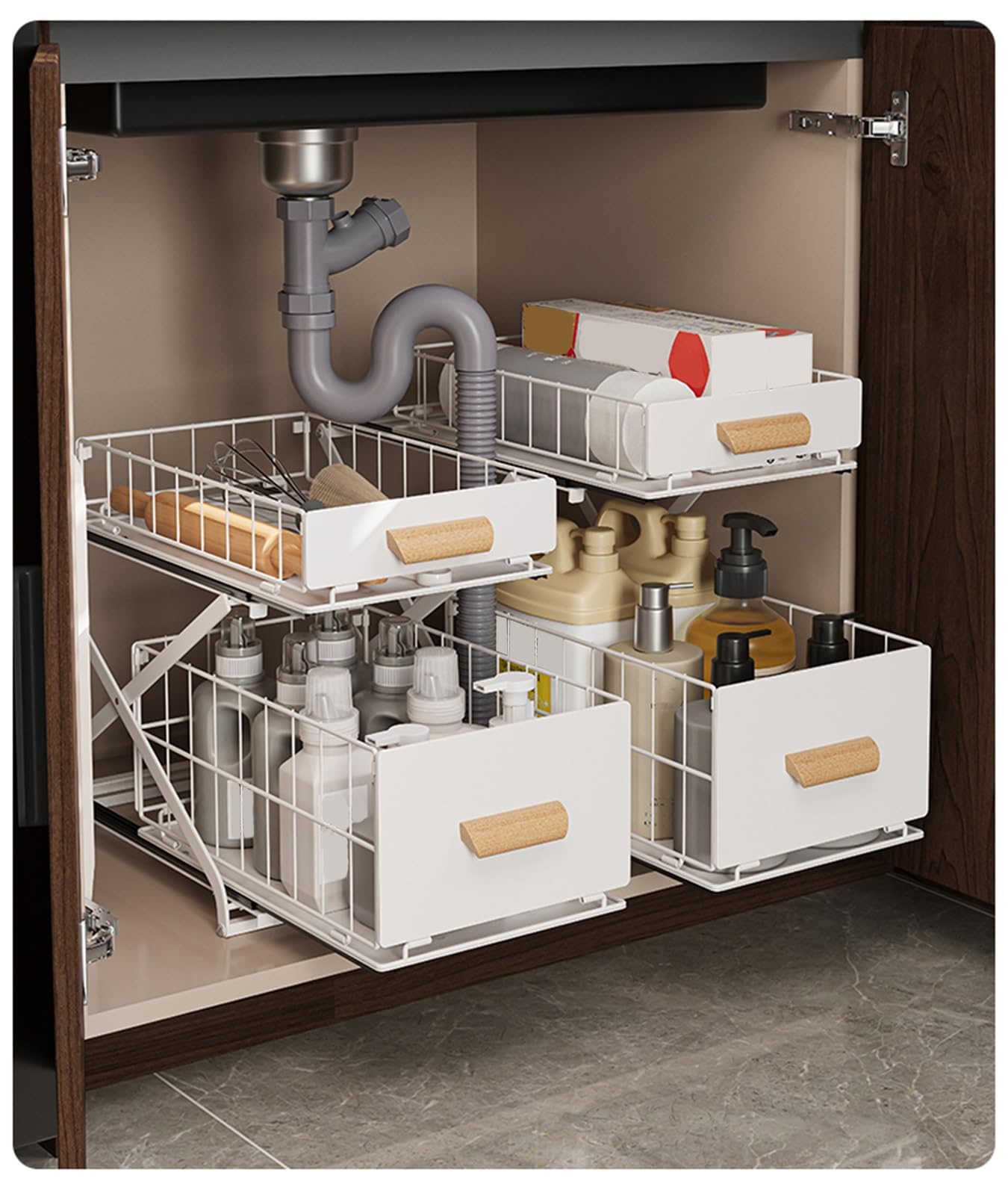 Spülschrank Organizer Untertisch-Organizer, 2-stufiger Untertisch-Organizer für Küchen- und Badezimmerspülen und ausziehbares Regal für Küchen- und Badezimmer(Size:S)