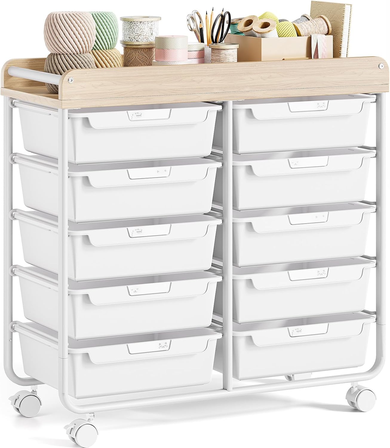 rolling storage cart with 10 large drawers, utility cart with wooden tabletop for craft organizers, art supply storage, home office organization, cart with wheels for classroom, school, white