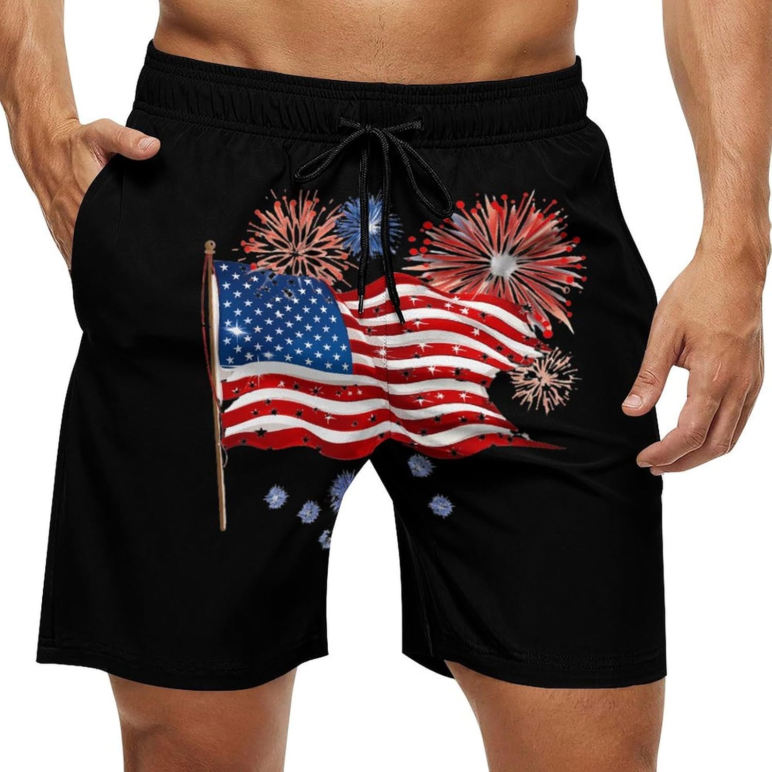 US Flag and Firework Casual Men's Swim Trunks Novelty Summer Beach Shorts Swimwear with Pocket