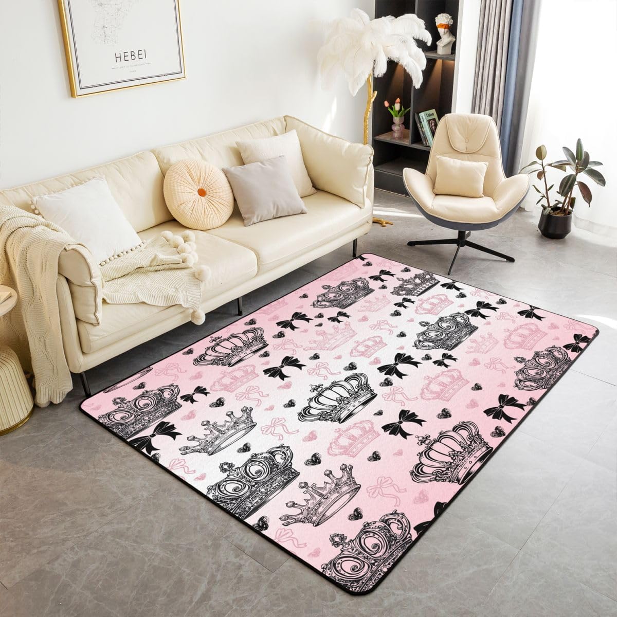 Princess Style Area Rug 3'x5',Crown Sketch Bowknot Print Non Slip Carpet for Kids Teens Adults,Heart Shaped Pink Black Decorative Shedding Mat for Bedroom Playroom Backyard