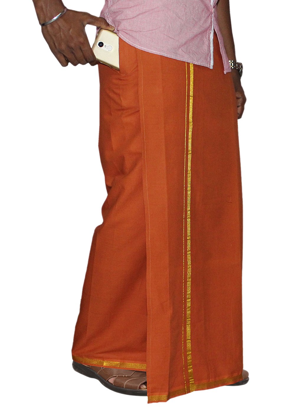 Prakasam Cotton Men's Single D.Kavi Colour With Jari Border Welcro Pocket Dhoti (Hip Size-30)-(Length-42Inches)