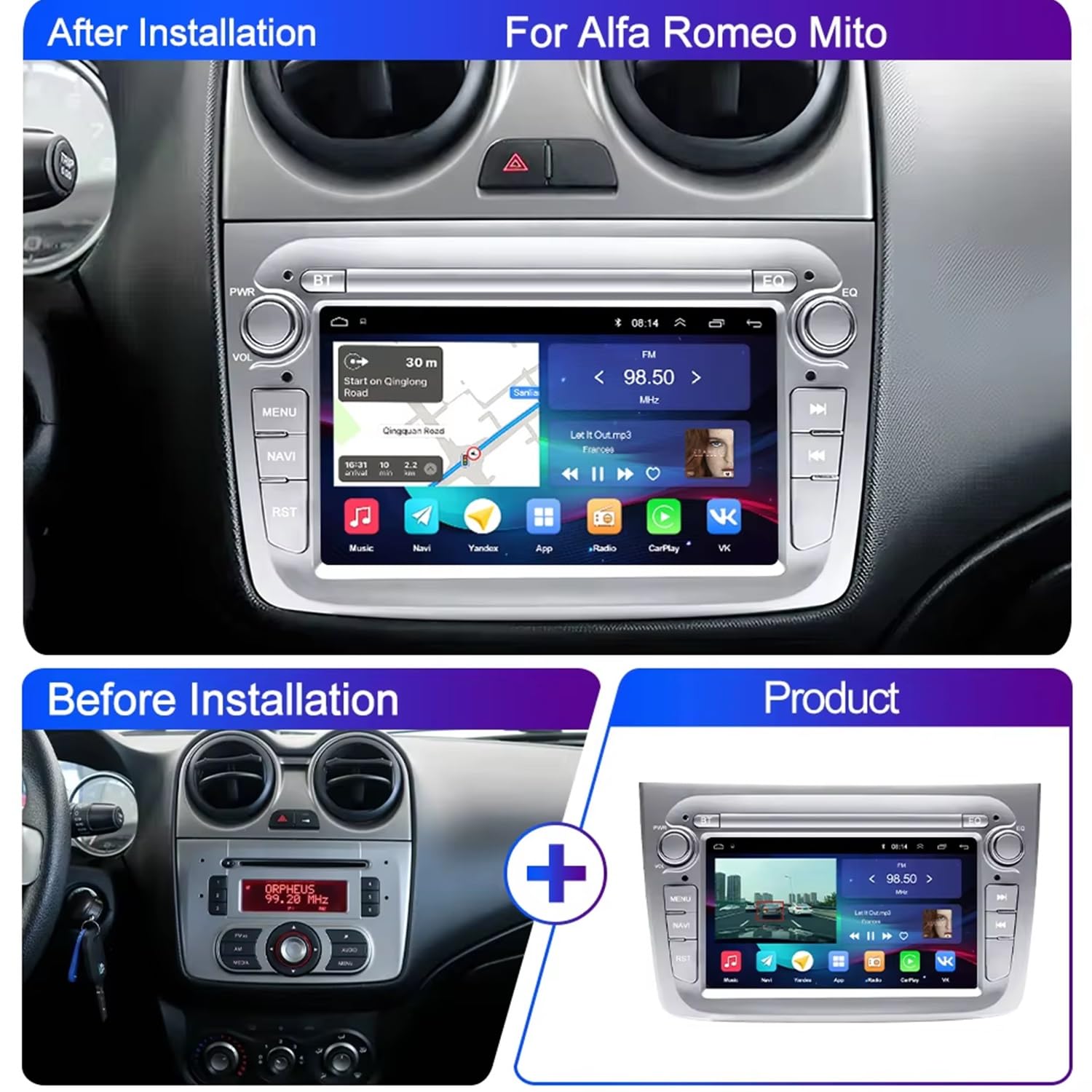 Android 15 CarPlay Android Auto Bezprzewodowe radio samochodowe do Alfy Romeo Mito 2008-2019, 7-calowe radio samochodowe z GPS, WiFi, Bluetooth FM, RDS, kamera tylna (czarne, 8-rdzeniowe (2