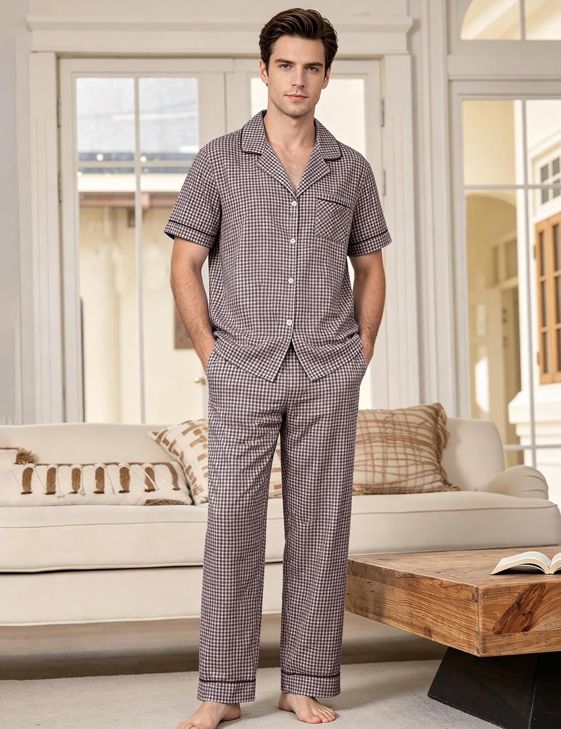 Flygo Mens Plaid Pajamas Set Cotton Gingham Short Sleeve Button Down Sleepwear Soft Pj Pants 2 Piece Loungewear with Pockets