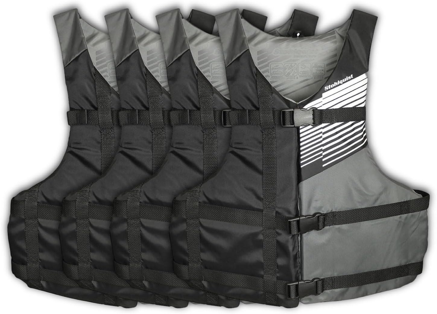 Stohlquist Universal Fit Adult Life Jacket PFD (4 Pack) Coast Guard Approved, for Men and Women 90+ lbs, Lightweight Neoprene and Adjustable, Ideal for Boating, Kayaking & Water Sports Black/Gray