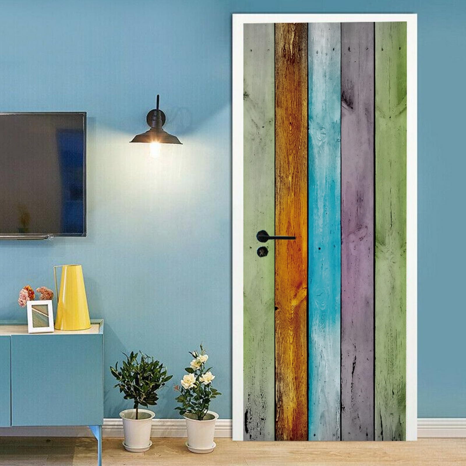 A.Monamour Adesivo Porta Autoadesiva 3D Tavole Colorate Assi Di Legno Sfondo Struttura Di Legno Vinile PVC Adesivi per Porte Interne Pellicola Adesiva Poster Murale Parete Carta da Parati 85x215cm