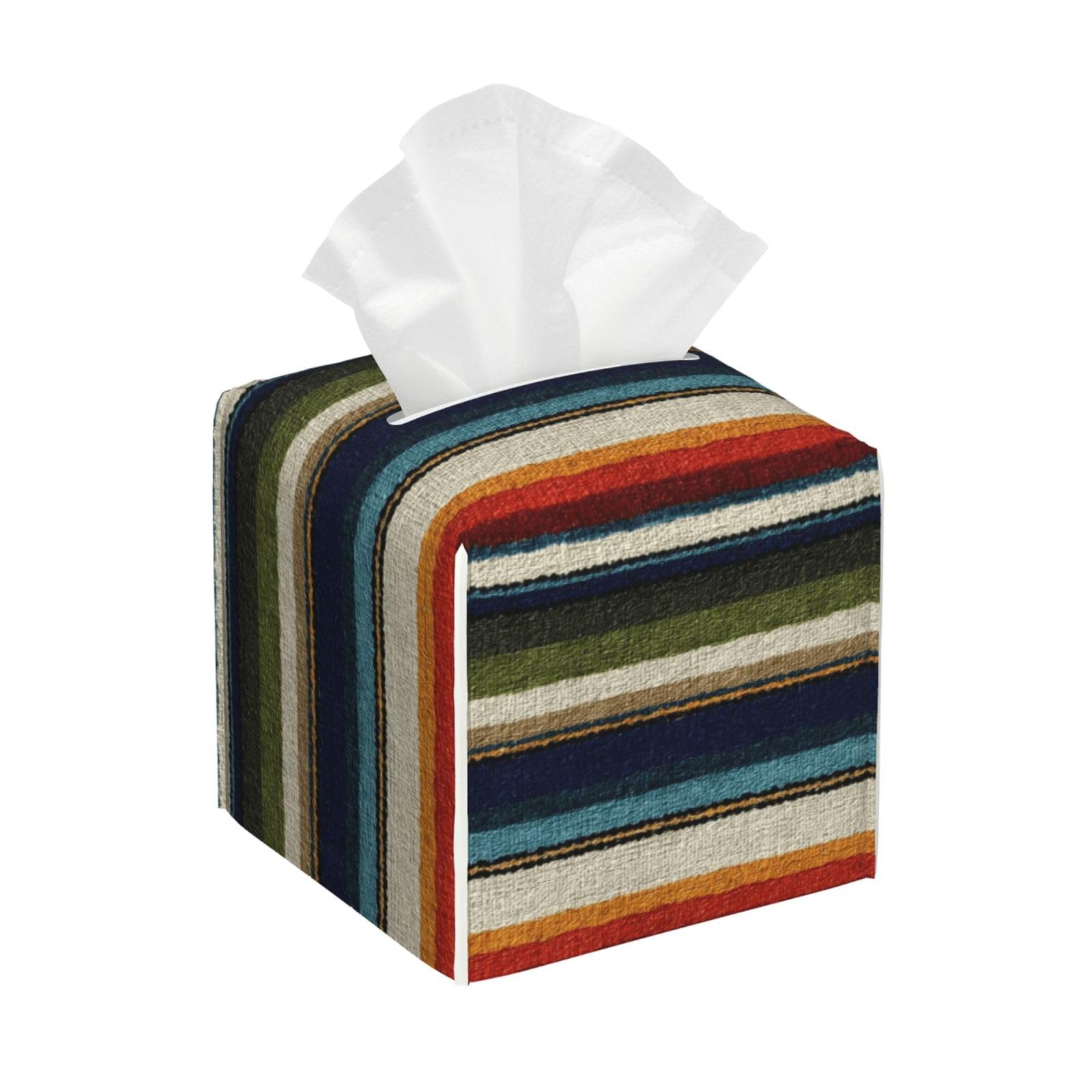 Rustic Multi Stripe Print Tissue Box Cover Holder Square, Foldable Modern Cube Tissue Box Cover, Leather Decorative Organizer for Tabletop Bathroom Car Office Desk Decor