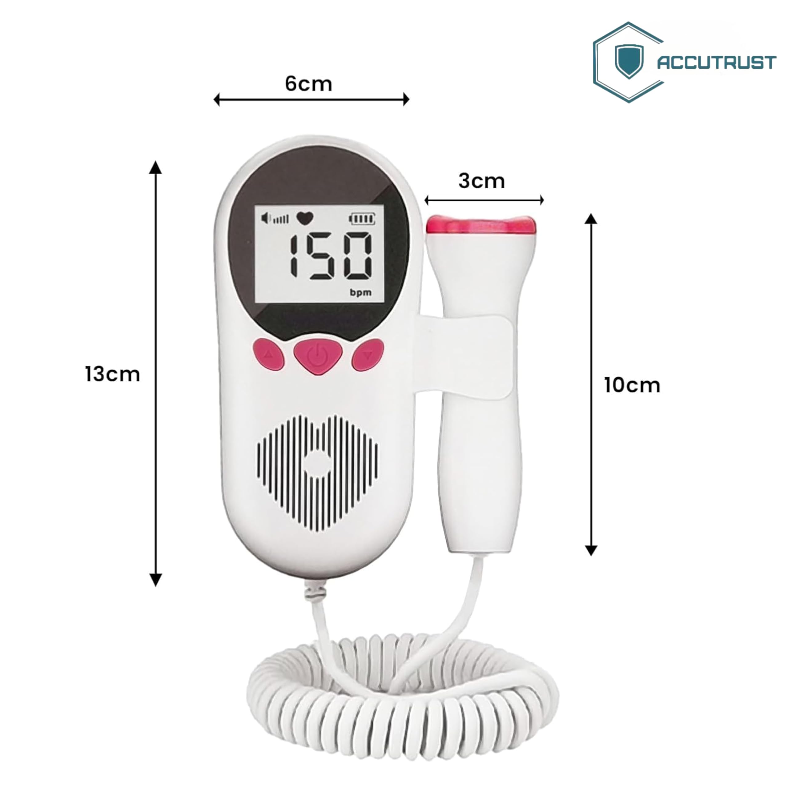 ACCUTRUST Fetal Doppler for Doctors and Mothers Fetal Heart Rate Monitor with LCD Display White Pink 2