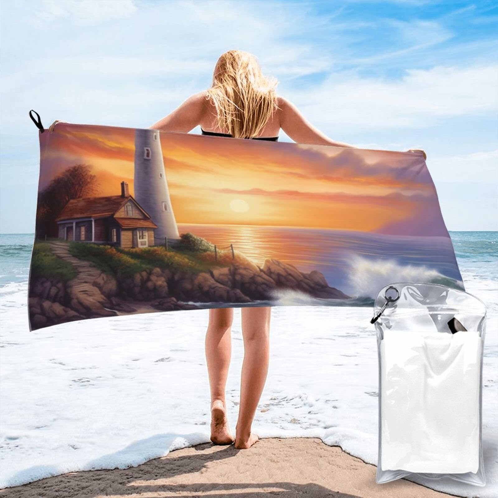 DWVTSLH Microfiber Sand Free Beach Towel 27.5"x55", Quick Dry Absorbent Travel Towel Large Camping Blanket, Lighthouse at Sunset Bath Towels Lightweight Pool Swim Towels for Vacation Essentials