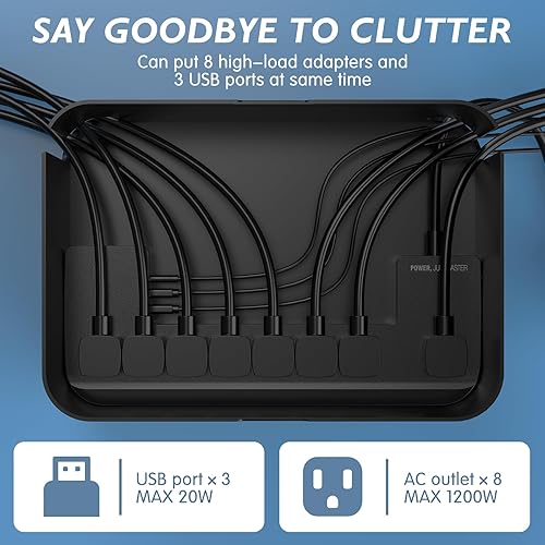 Miniatura 3 de Regletas de alimentación con caja de gestión de cables, protector de sobretensiones con 8 tomas, 3 puertos USB con control de interruptor, cable de