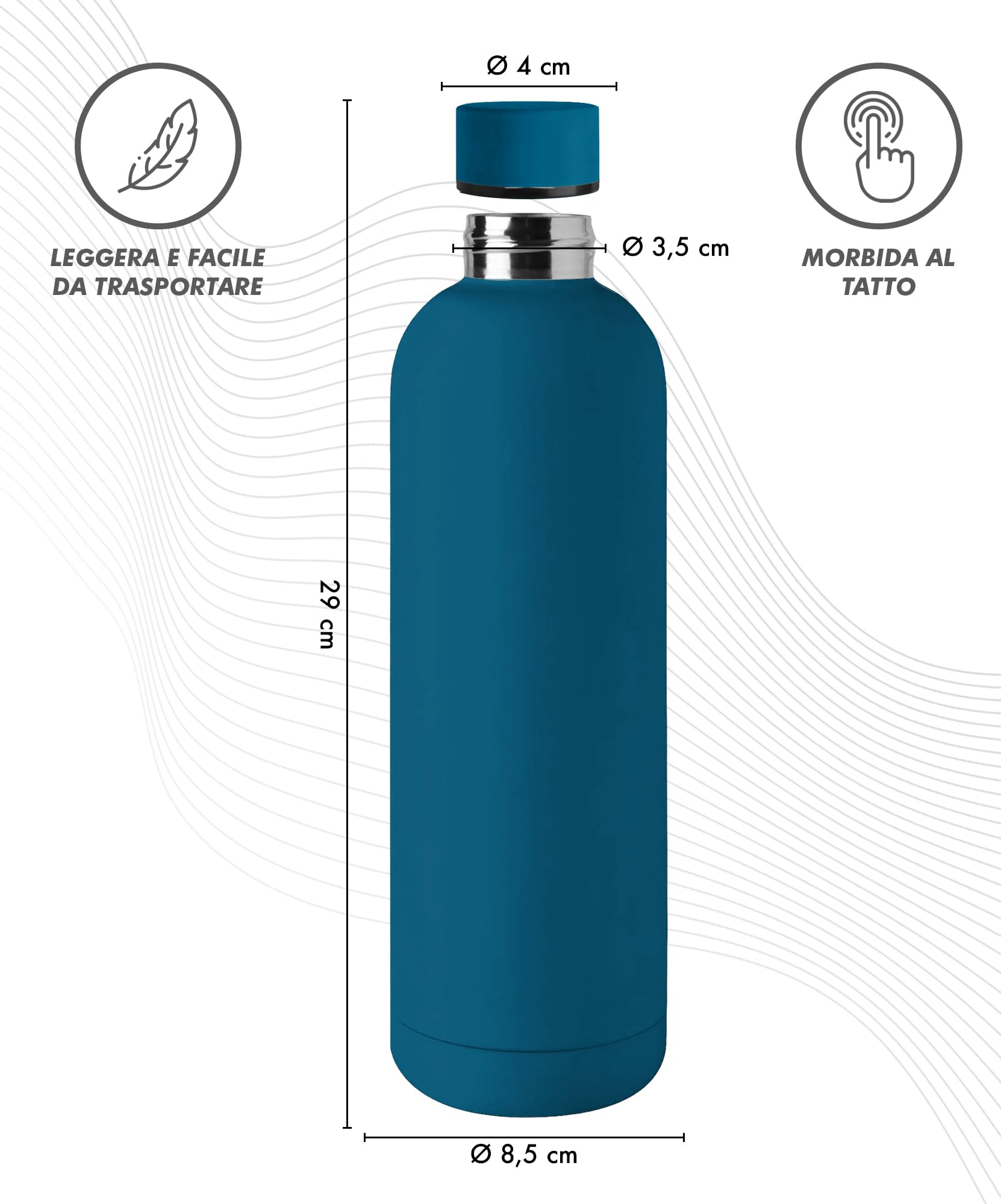 Borraccia Termica Grande 1 Litro Bottiglia Acciaio Inox Inossidabile Doppio Strato 1000 Ml Tappo Antigoccia Doppia Camera Bevande Calde Fredde Termos Sistema Sottovuoto Rivestimento Soft Touch - Blu