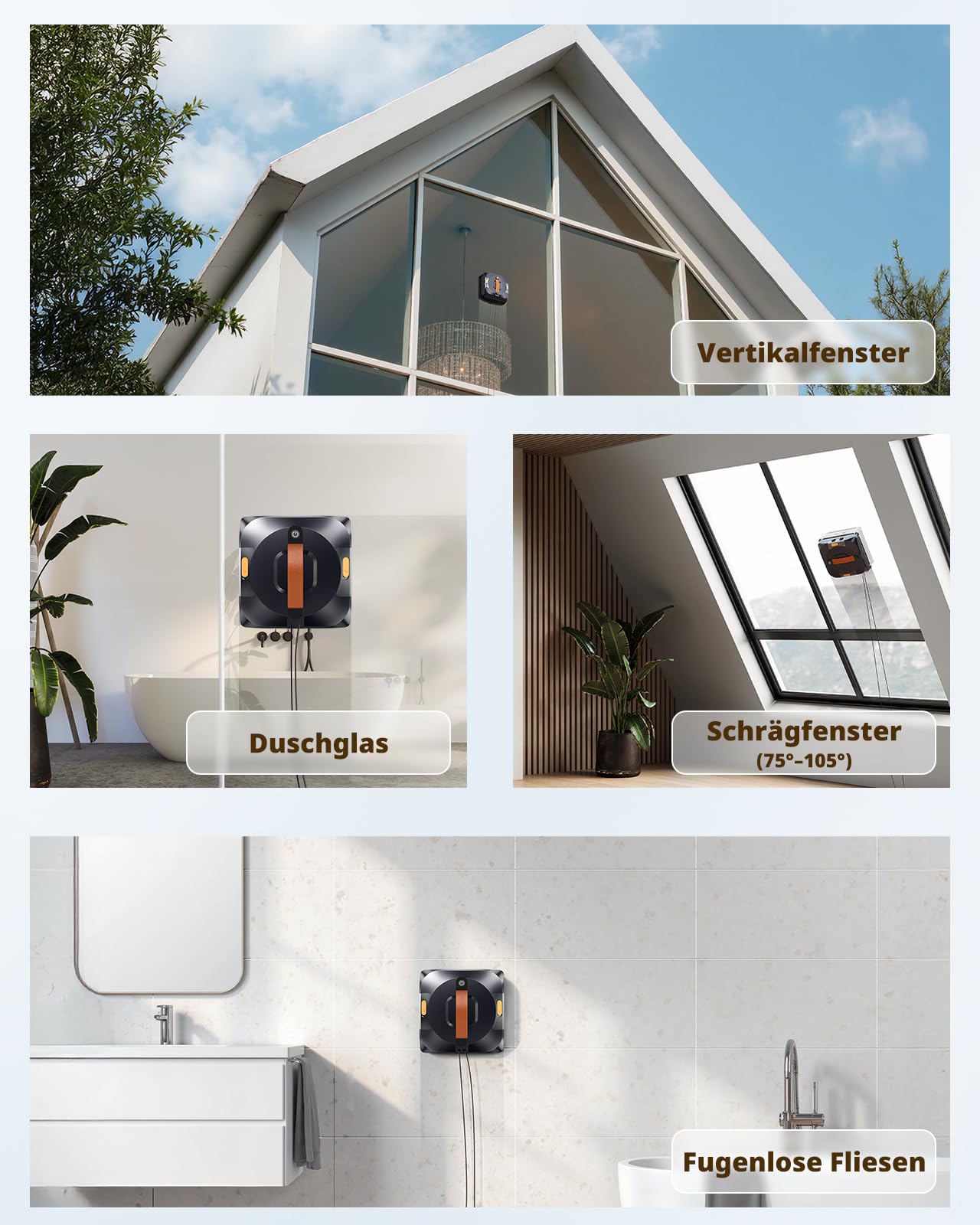 AIRMSEN YW733 Fensterputzroboter, Automatische Routenplanung, 4 Reinigungsmodi, 4 Sprühdüsen, 110 ml Tank, 6000 Pa Saugkraft, Anti-Rutsch-System, für Fenster, Duschglas & Spiegel