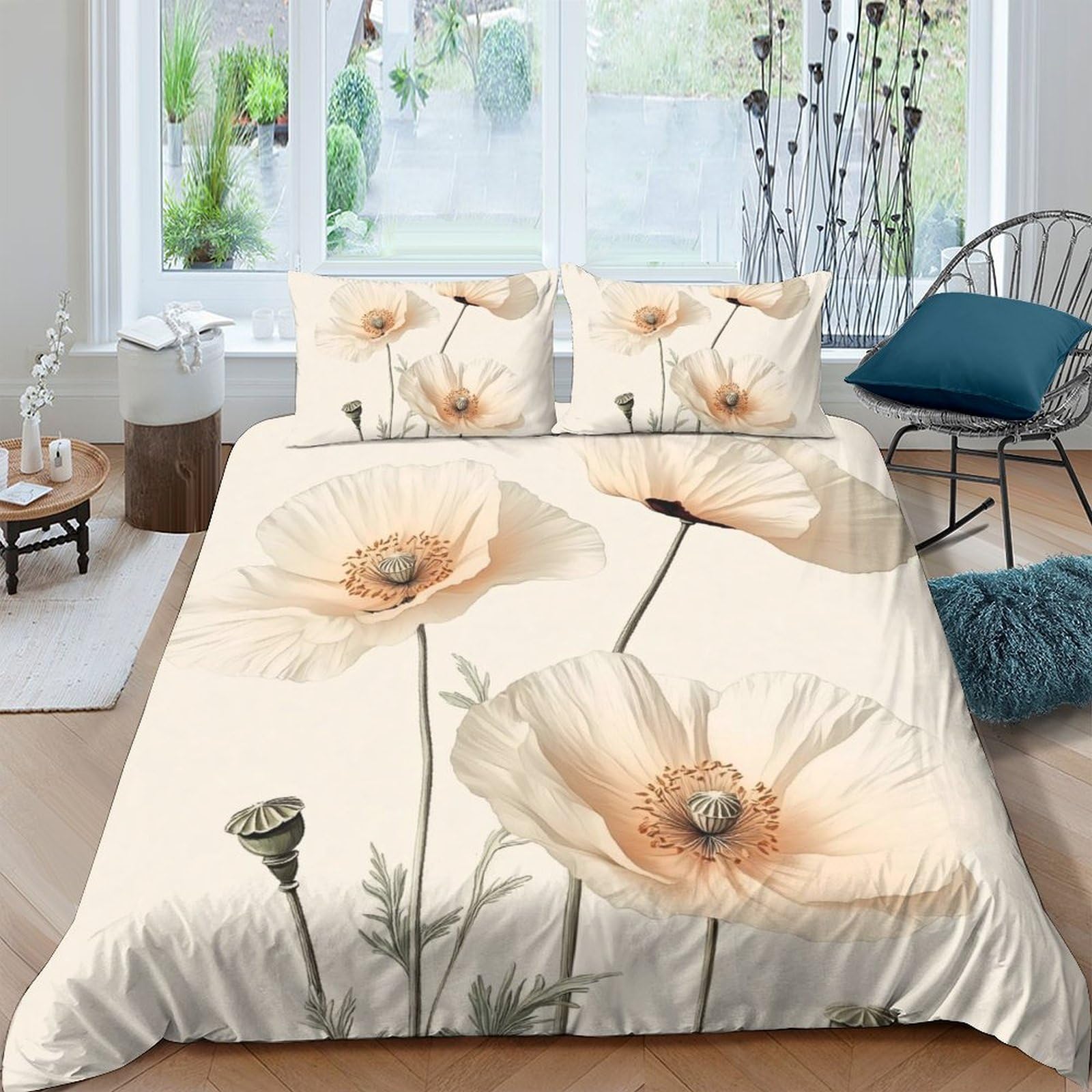 TUFRTGYHN 3D Printed Cream Poppy Flower Duvet Cover Microfiber Bedding Set with 2 Pillowcases, Soft Breathable Botanical Quilt Cover for Bedroom Home Single（135x200cm）