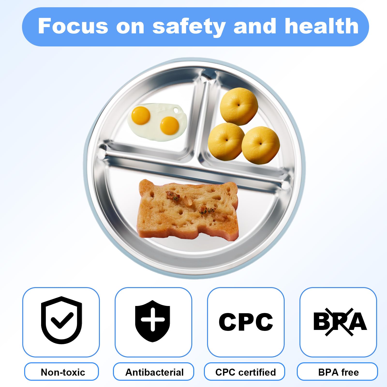 lasuroa 4 Platos y Tazones Acero Inoxidable Bebés, Platos y Tazones Divididos para Niños con Ventosa Silicona Extraíble Suministros de Alimentación Fáciles de Limpiar para Bebés