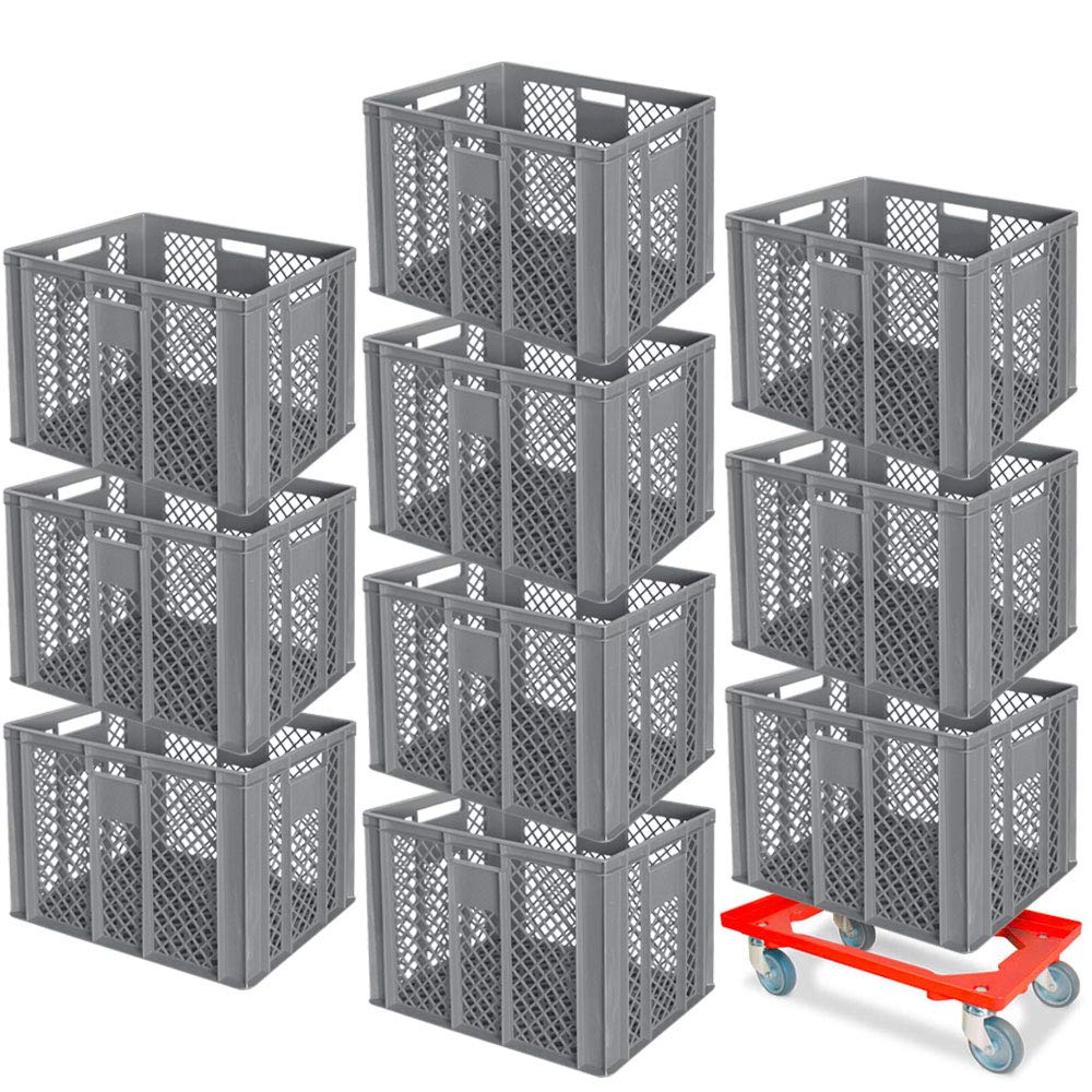 BRB 10er Spar-Set Euro-Stapelbehälter Plus Transportroller, 600x400x410 mm Industriequalität lebensmittelecht grau