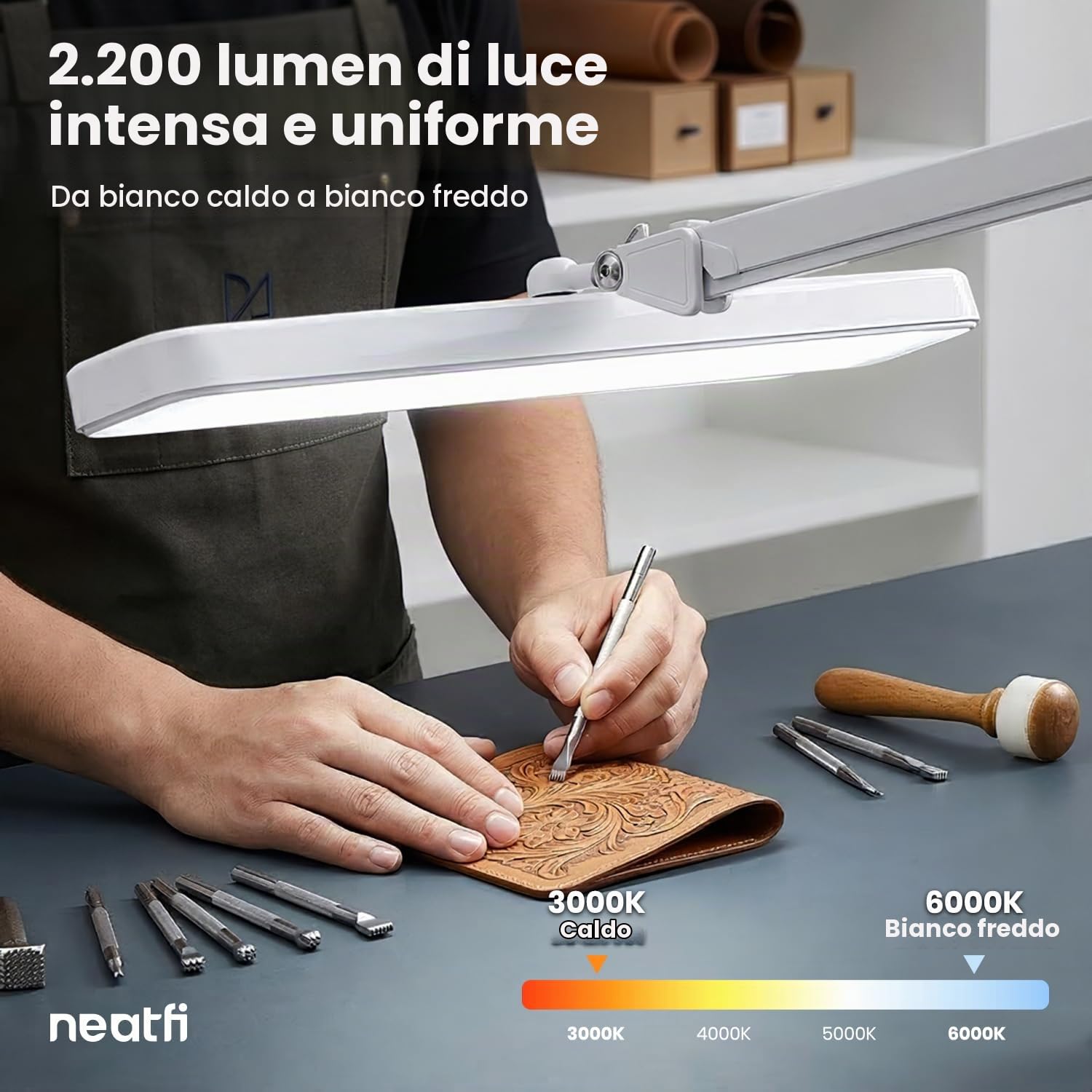 Neatfi XL Lampada da Scrivania LED – Testa da 56 cm | 324 LED SMD | 5 Modalità di Luce | Dimmerabile | Braccio Regolabile con Morsetto | Luce da Tavolo per Casa e Ufficio (Bianco, CCT con morsetto)