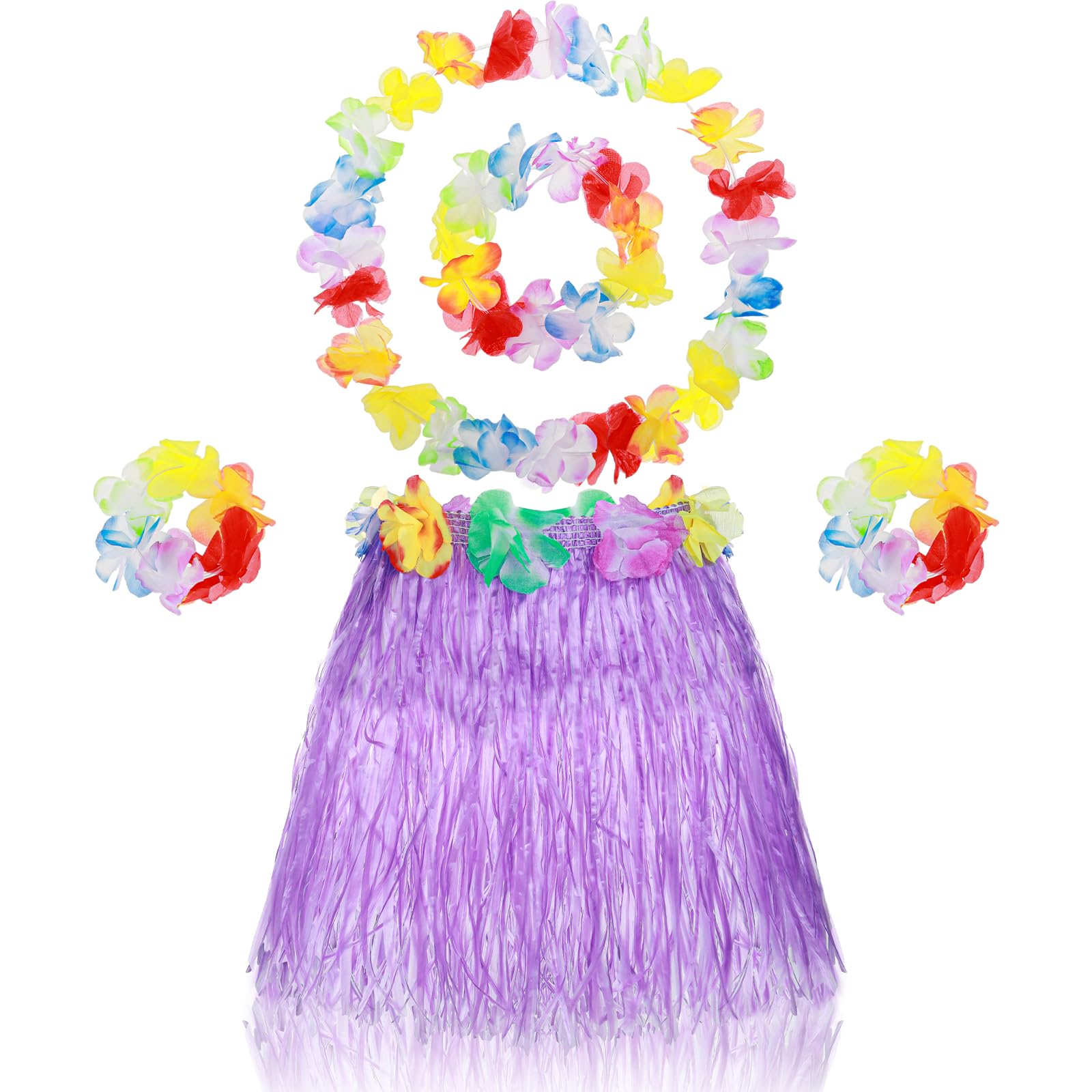 Abeillo 5 Pack Hawaiian Hula Grass Skirt for Girls Hula Dance Skirt with Flower Costume Accessory Hawaiian Hula Party Dress Up for Girls