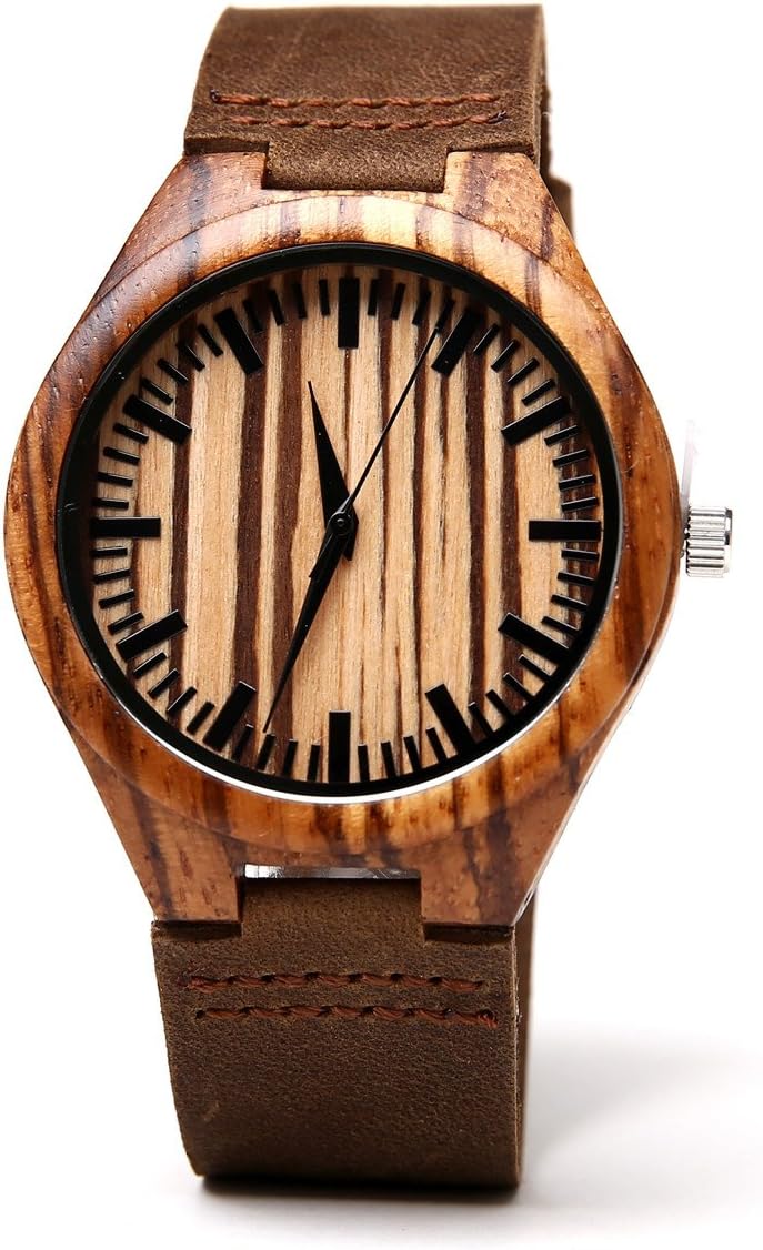 Custom Men Engraved Wooden Watches Personalized Leather Strap Casual Wristwatch by Famgem