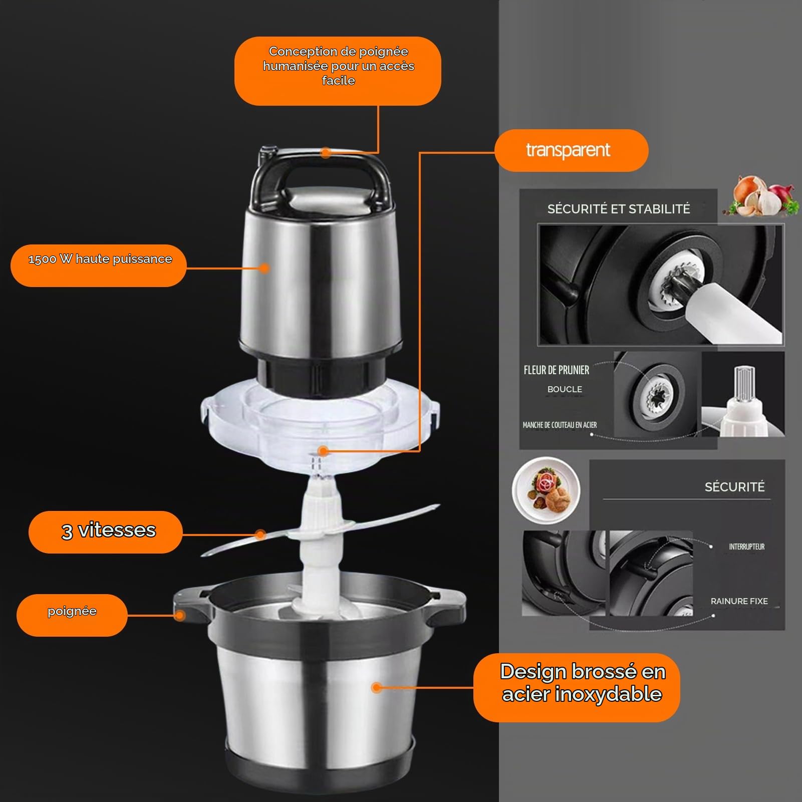 Hachoir à Viande électrique 6L, Grande Capacité 3 Vitesses Disponibles, Puissant Moteur En Cuivre Pur 1500 W, Robot Culinaire En Acier Inoxydable, Pour Un Usage Commercial Ou Domestique