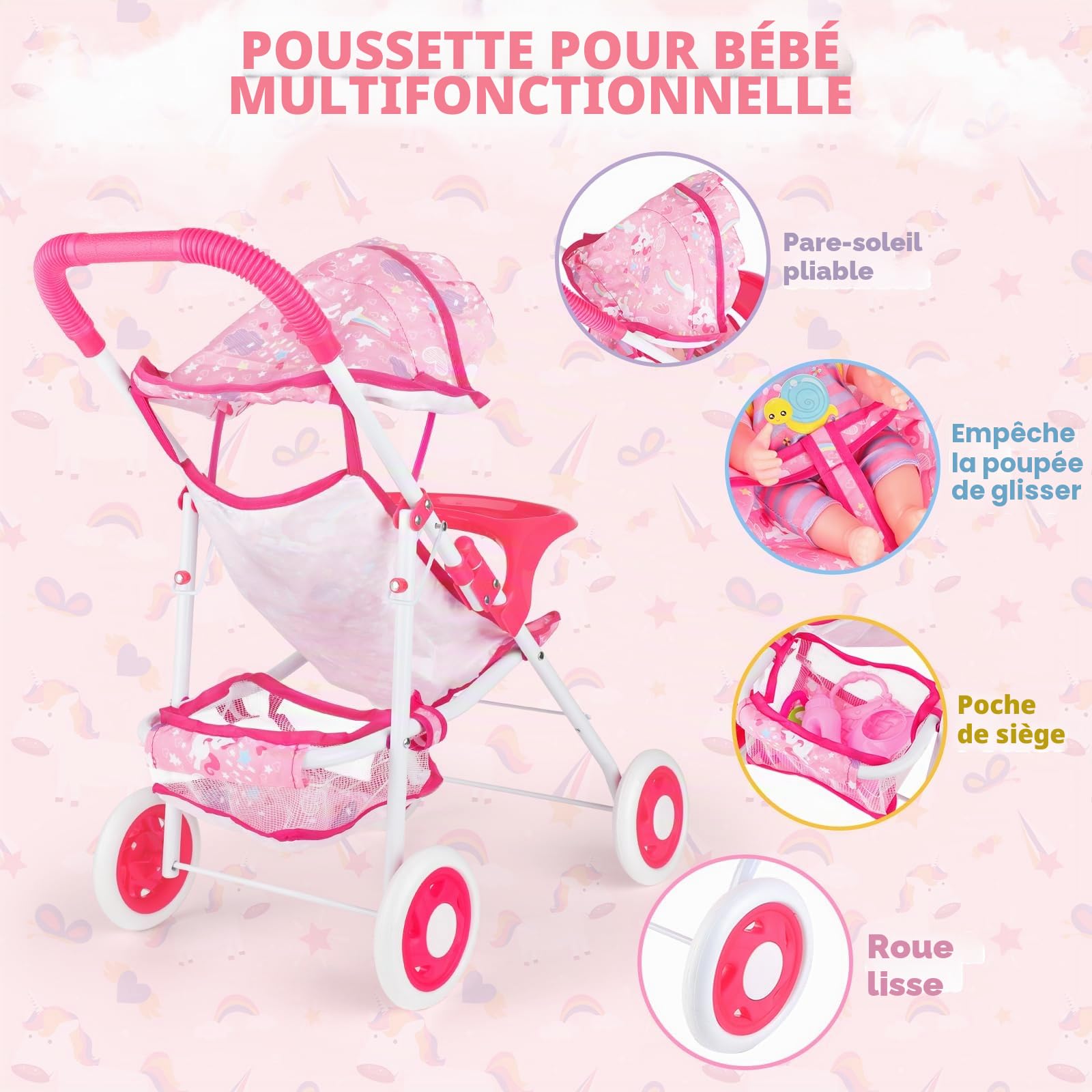 deAO Poussettes pour Poupées Pliable, avec Poupée 31cm Vêtements et Biberon