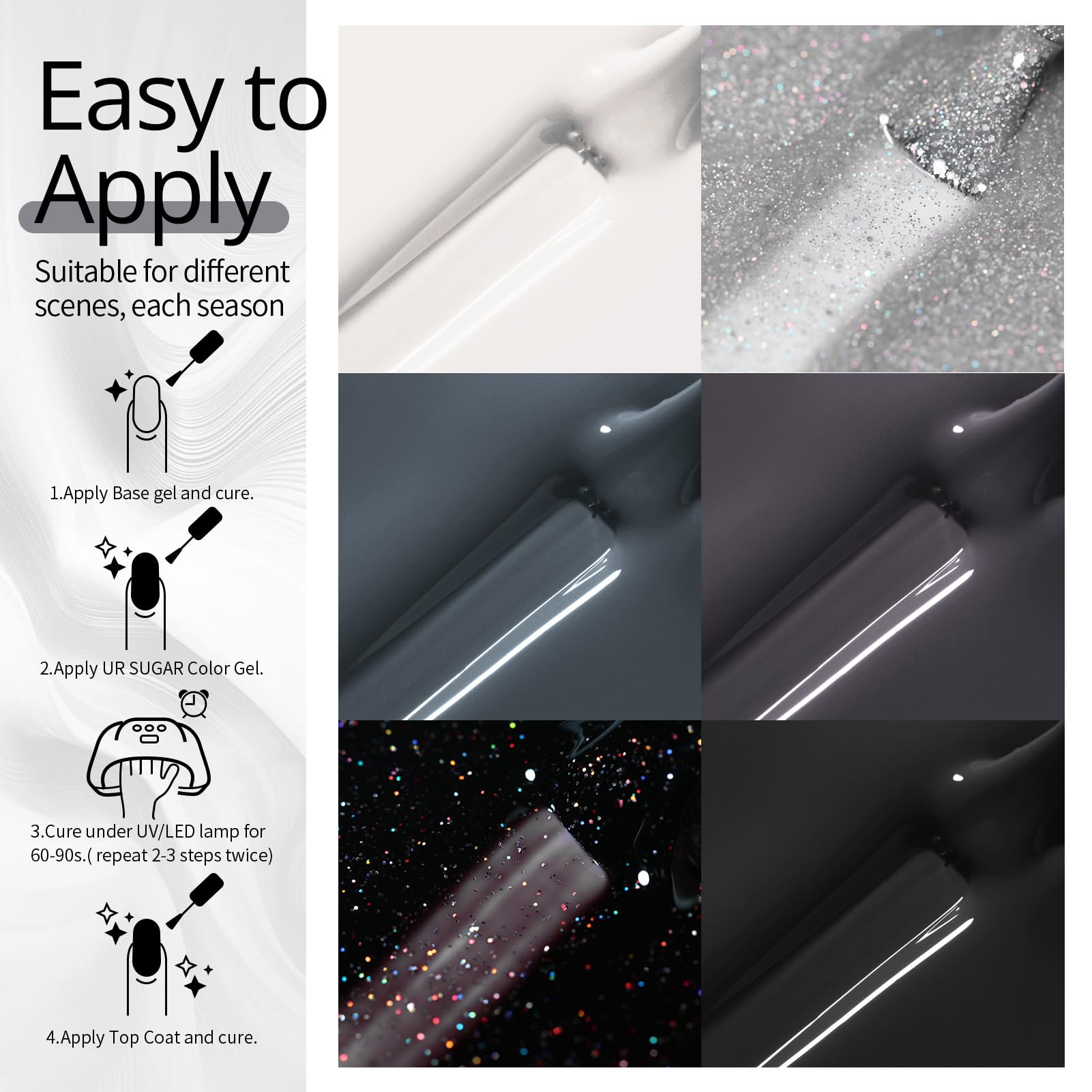Juego de esmaltes de uñas de gel negro y blanco, 6 colores negro, blanco, gris, esmalte de gel negro con purpurina plateada para todas las estaciones, juego de manicura de uñas de gel para 6