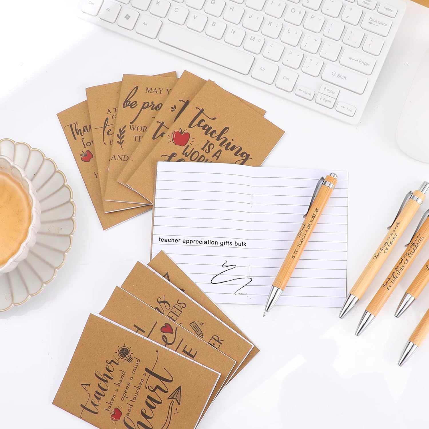 Jutom 30 Sets Teacher Appreciation Gifts Bulk Inspirational Kraft Notepads Small Notebooks Journal Motivational Bamboo Ballpoint Pen with Organza Bag for Best Ever Teacher Thank You Gifts