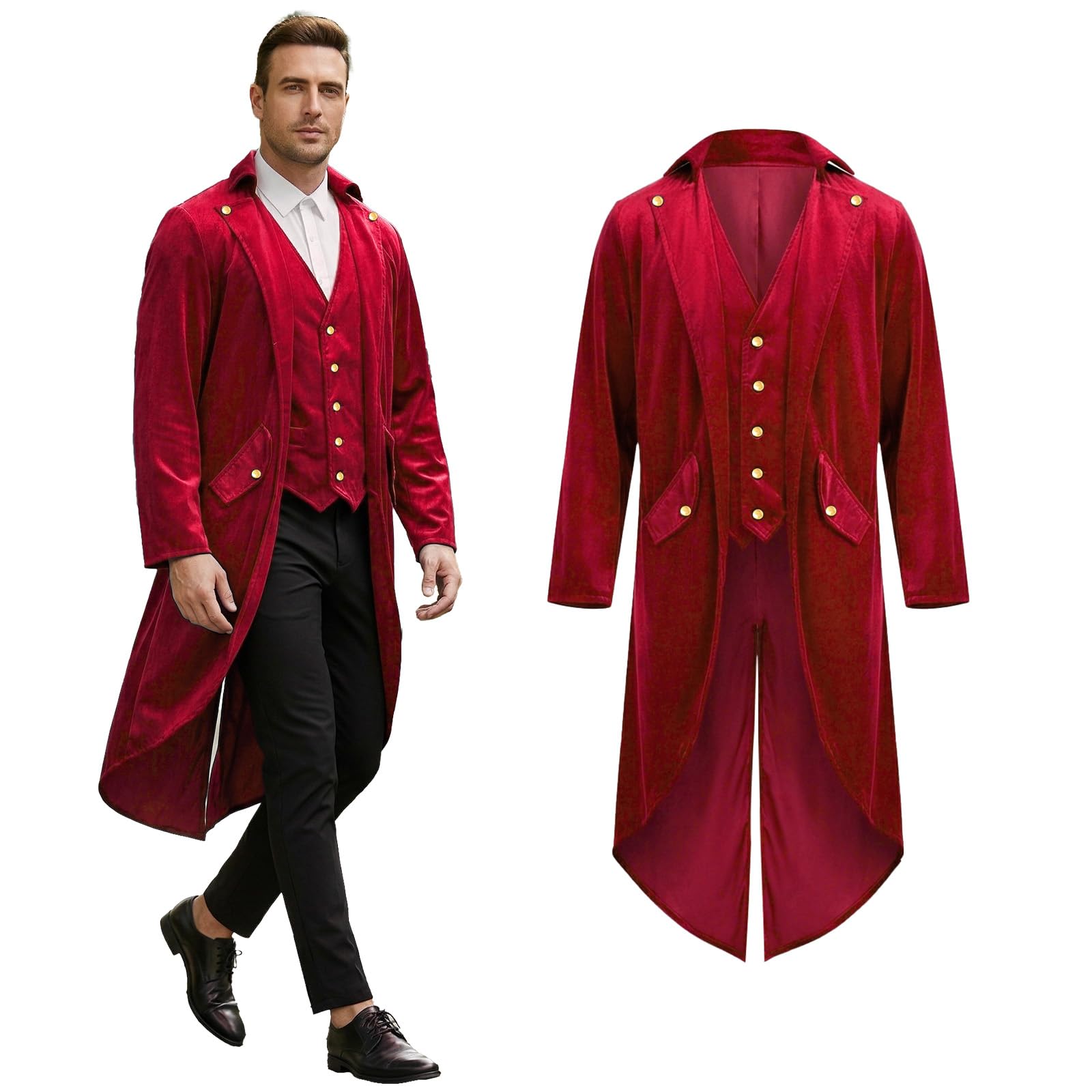 Crubelon Men's Gothic Steampunk Tailcoat – Long Victorian Jacket with Golden Buttons – Elegant Medieval & Renaissance Costume for Halloween, Carnival, and Cosplay Events (Red, XXXXL)