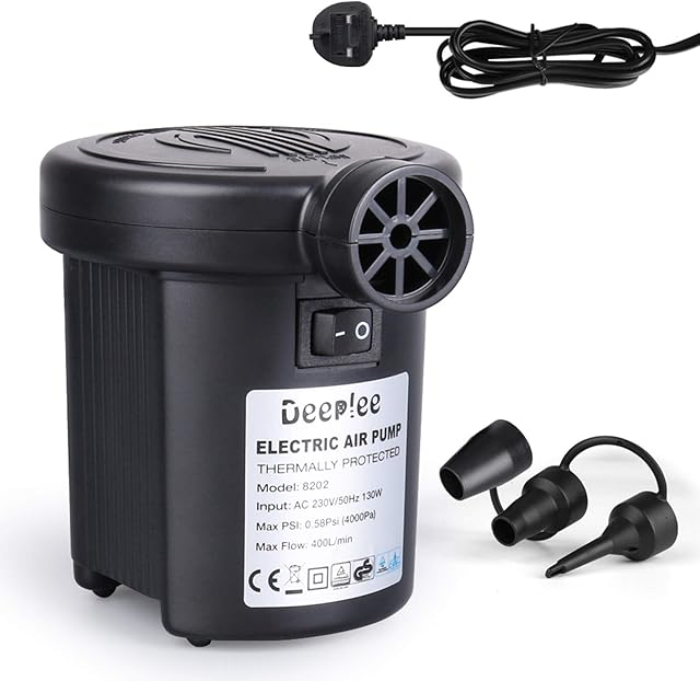 Deeplee Electric Pump, 130W High Power Electric Air Pump for Air Bed Mattress Inflatables Paddling Pool Beach Toys, AC 220-240V Quick-Fill Inflator Deflator with 3 Sizes Nozzle