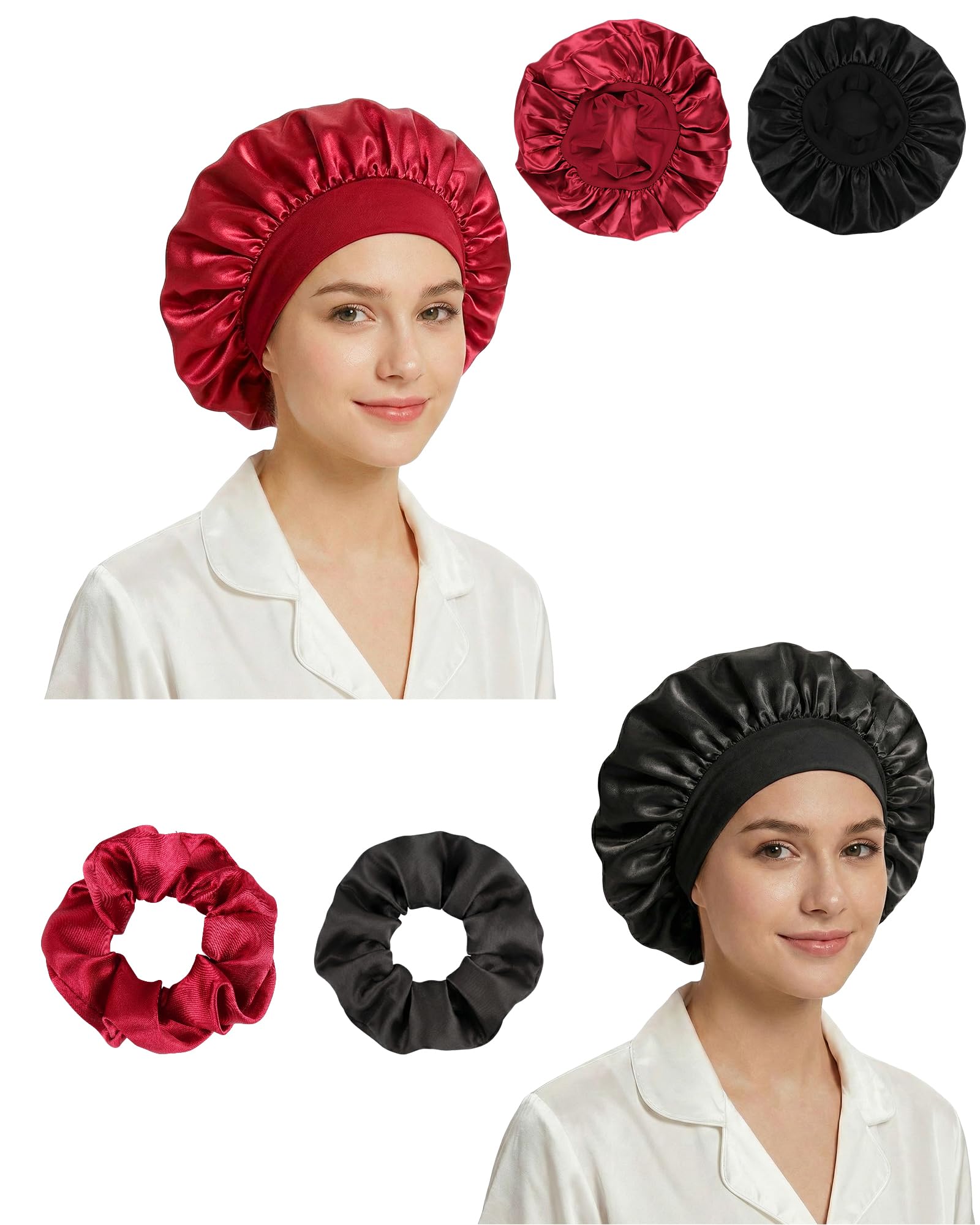lulir Gorro de Seda para Dormir 2 Piezas - Gorro Saten Pelo Rizado con 2 Coleteros, Silk Bonnet Ajustable con Banda Elástica, Suave Antifrizz Cuidado del Cabello, para Mujer y Niña