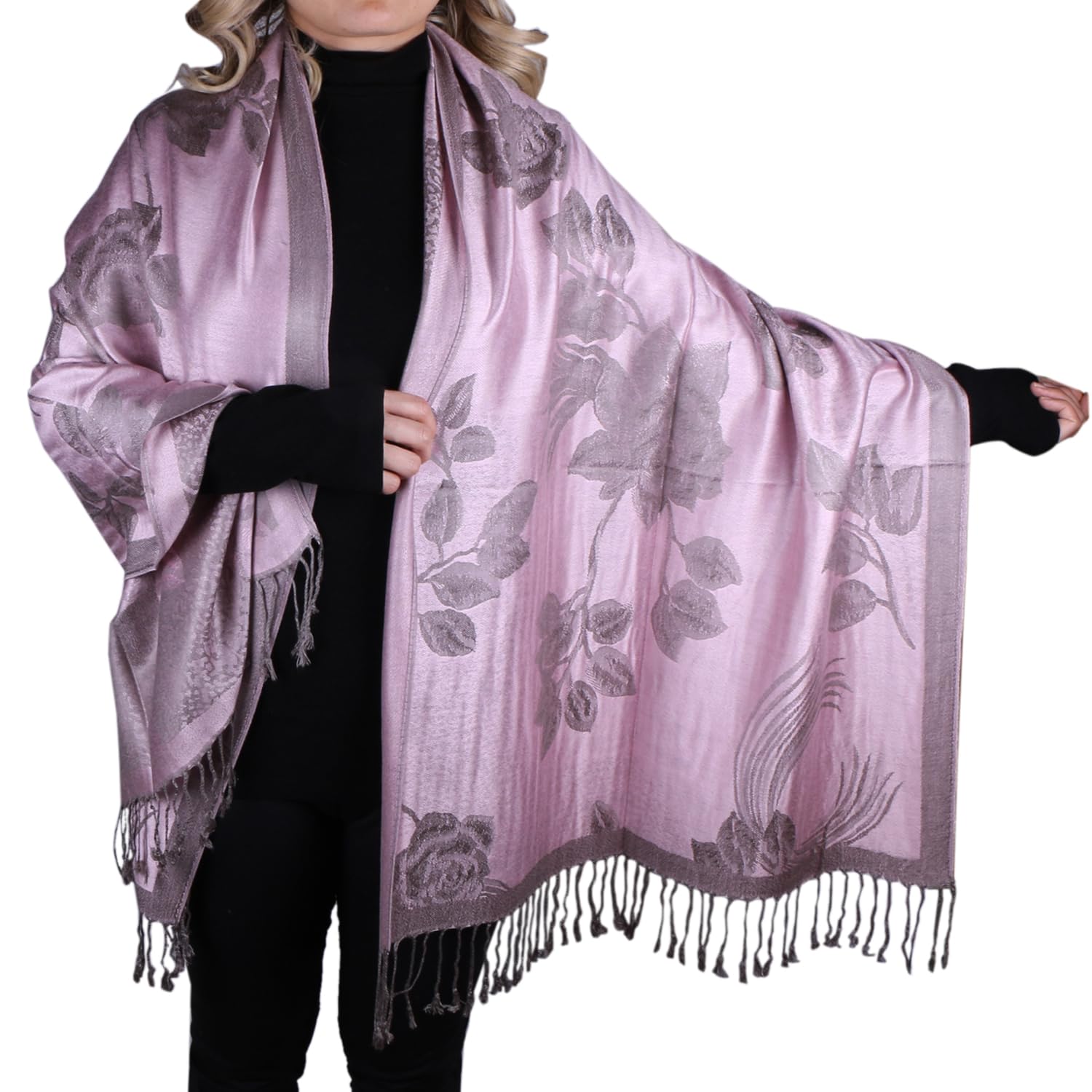 Women Soft Silky Pashmina Reversible Floral Rose Shawl Wrap Scarf w/Fringes