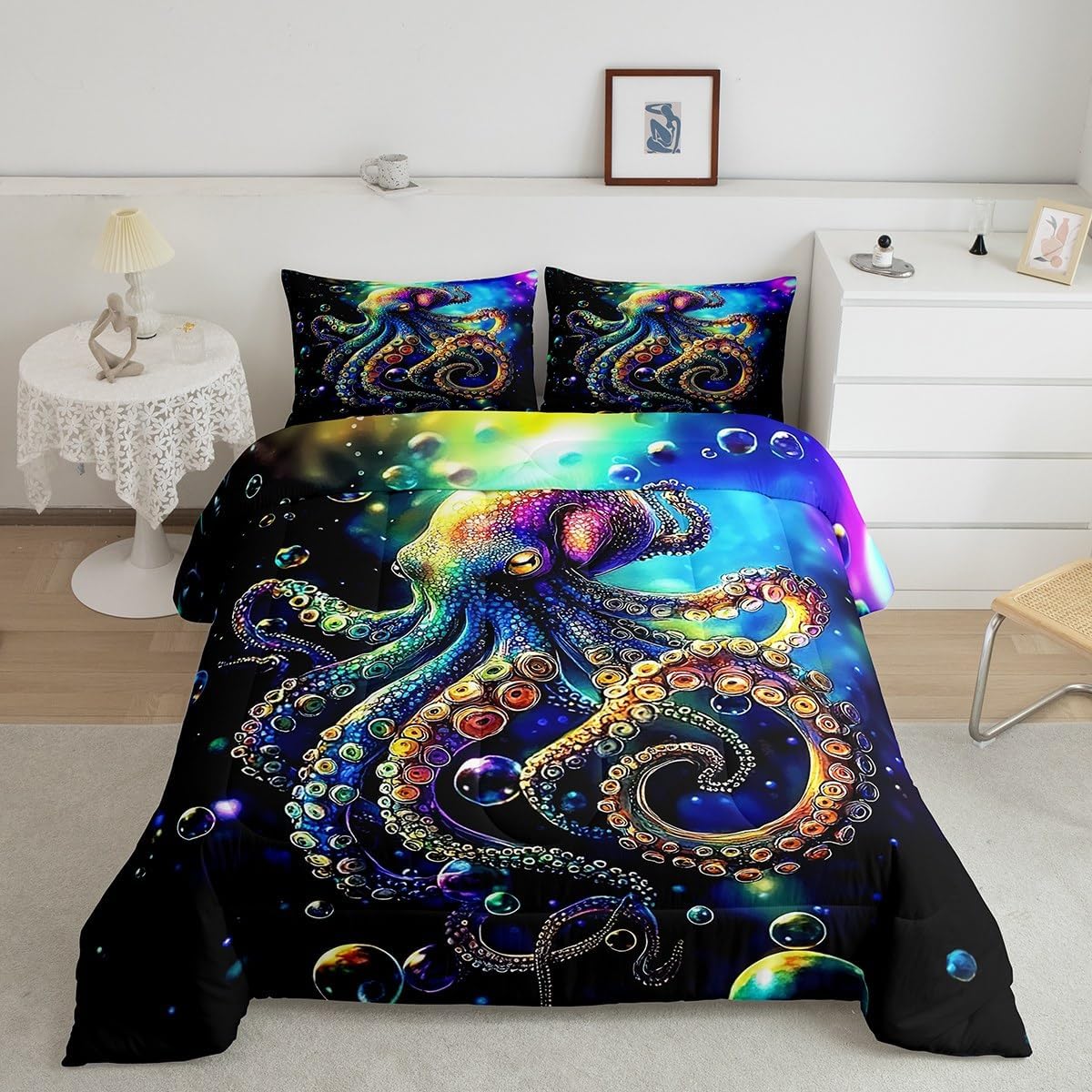 jejeloiu Octopus Comforter Set Queen Size Ocean Kraken Comforter for Boys Girls Teens Tentacles Bedding Set Sealife Sea Animal Duvet Set Room Decor Olive Black Quilt Set