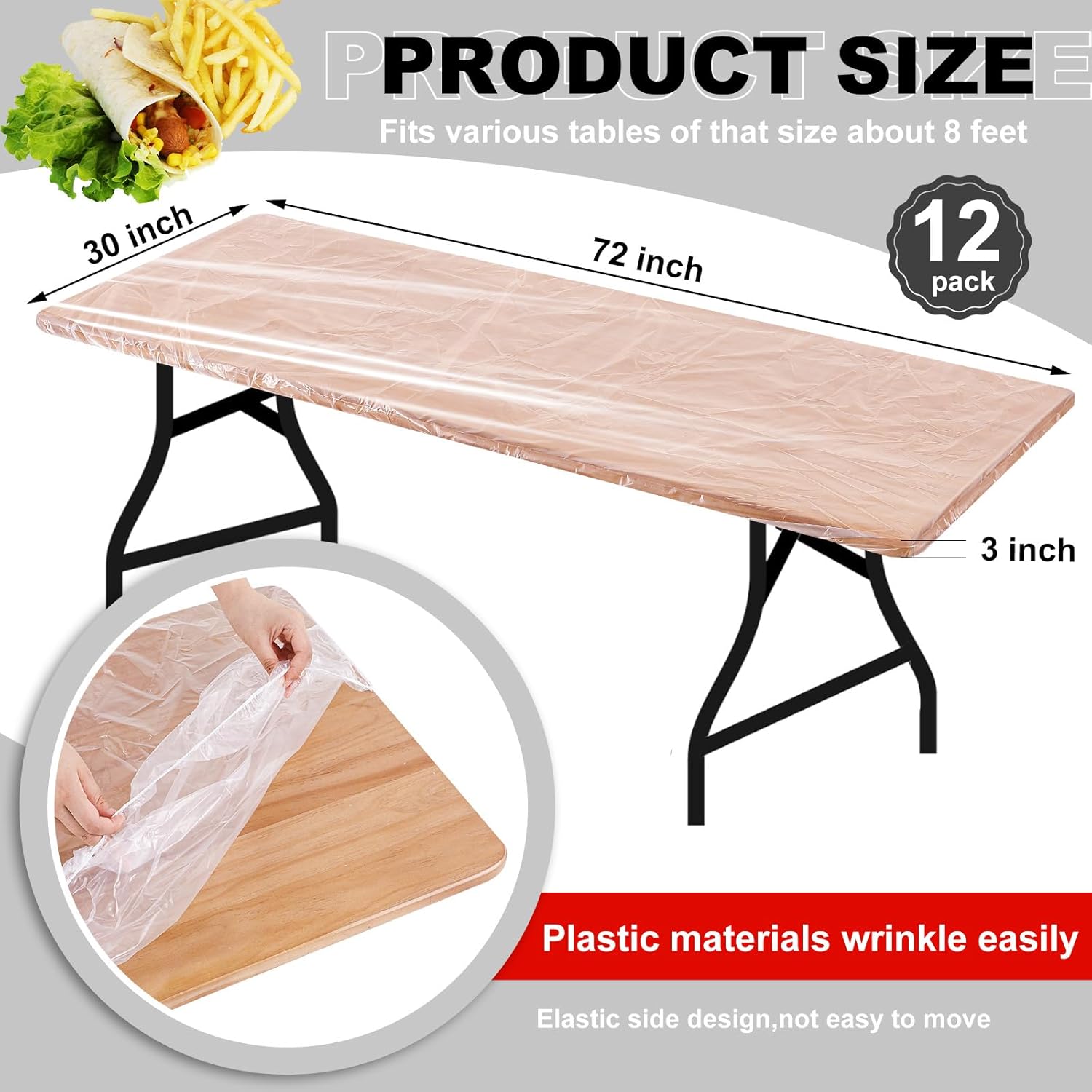 boao 12 pcs plastic table cloths disposable for parties picnic table covers with fall elastic fitted elastic cover rectangle waterproof for thanks giving christmas picnic(6 ft, 72 x 30 inch,clear) 6 ft, 72 x 30 inch clear
