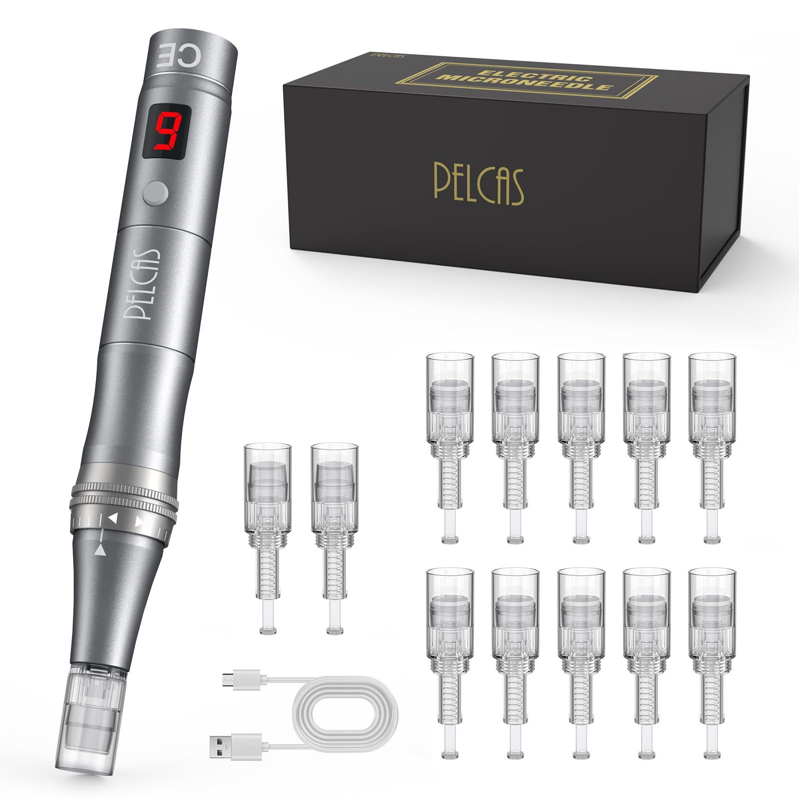 PELCAS Dermapen mit 9 Geschwindigkeitsstufen Mikronadelgerät einstellbare Länge Elektrisch Microneedling Pen Schönheit Pen mit 12 Patronen Wiederaufladbar Kabellos Mikronadel Stift