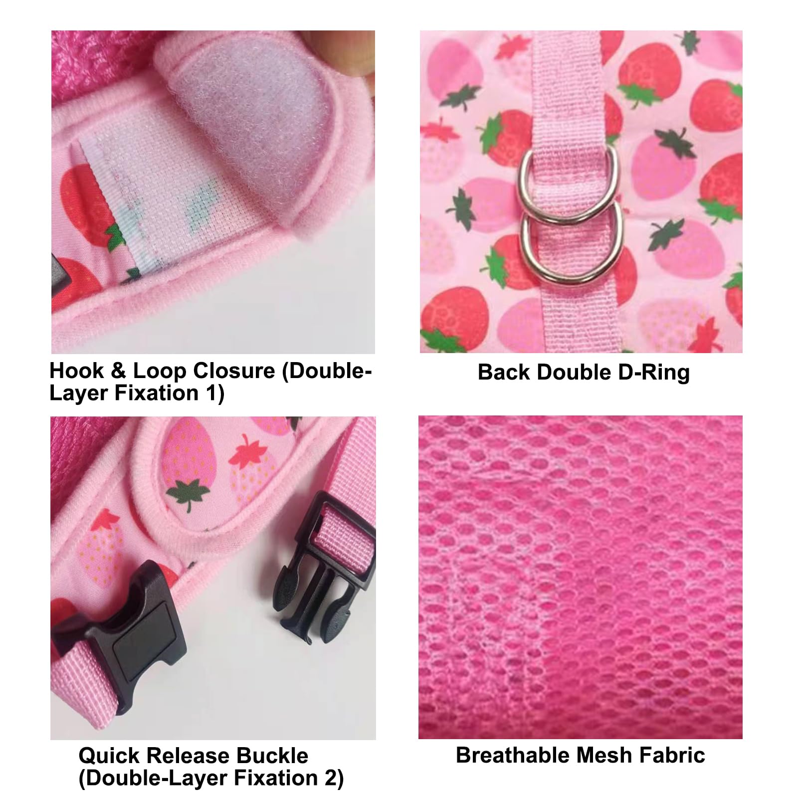 Cat Harness Leash Set with Collar,Pet Adjustable Vest Harness for Kitten Puppy Small Medium Large Cats_L(Strawberry)